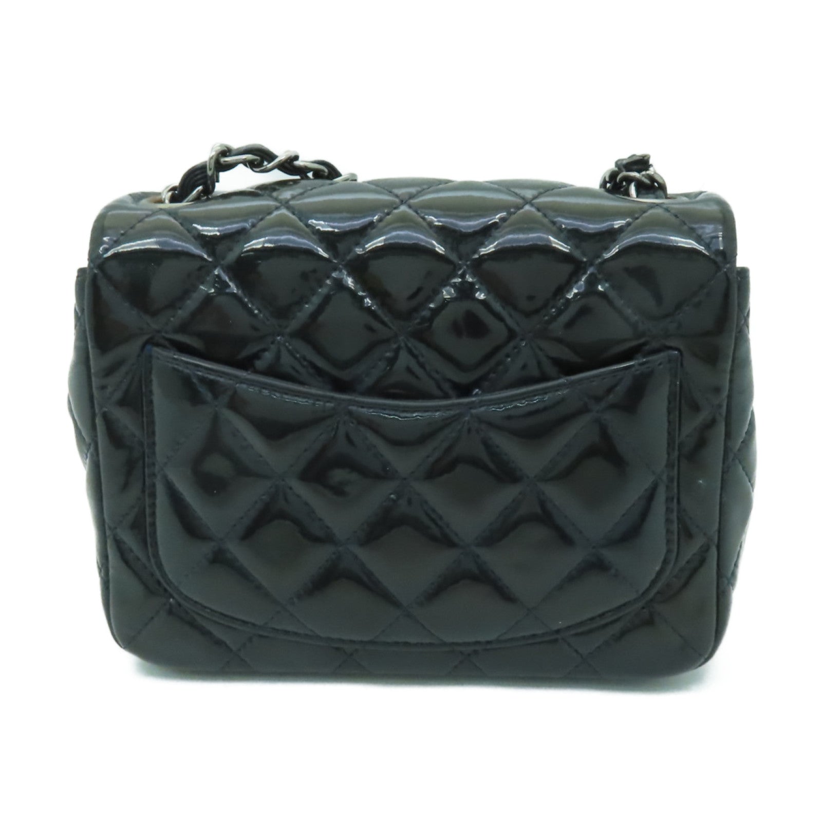 CHANEL 菱格漆皮皮革Shoulder Bag銀扣肩背袋海軍藍色