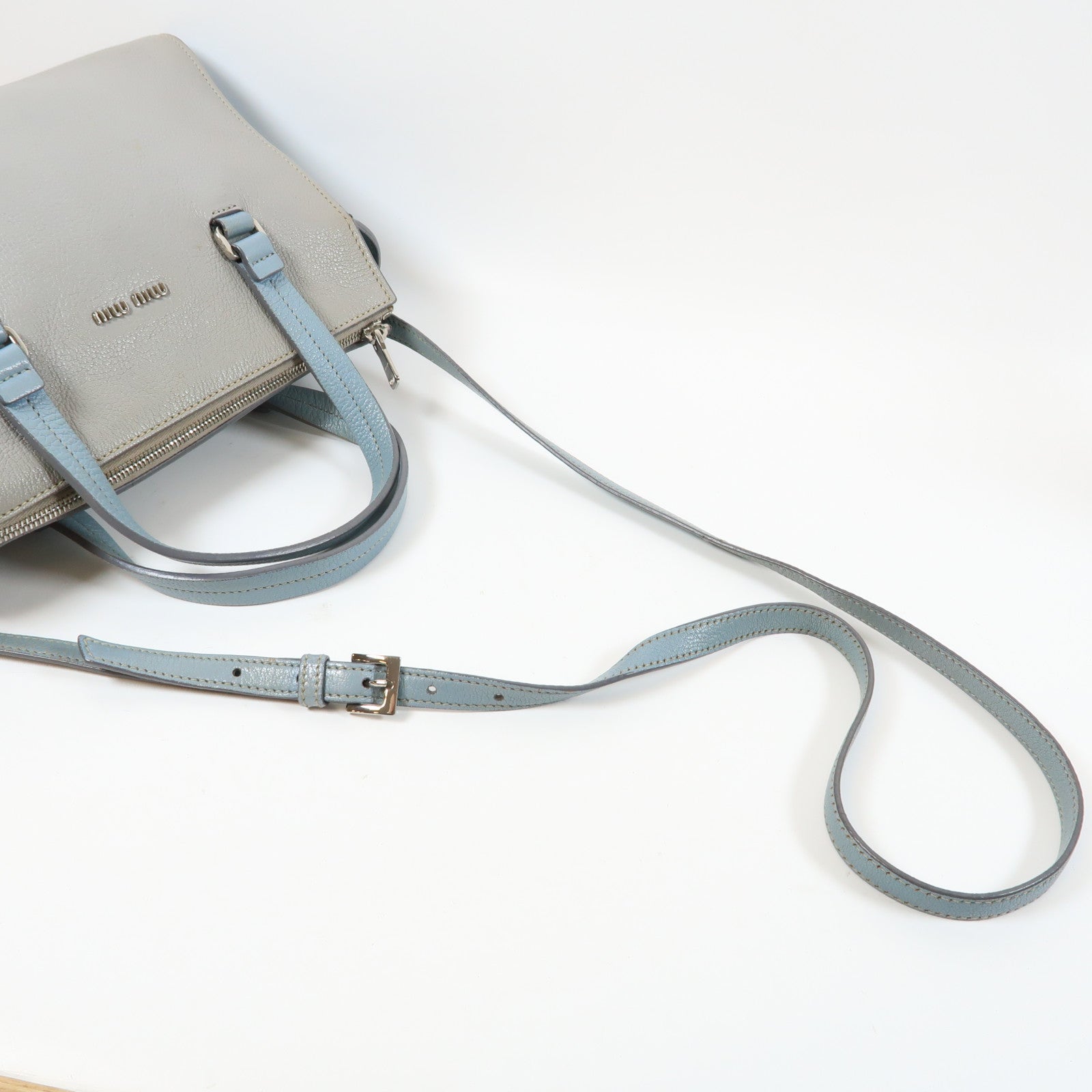 Miu Miu Chevre皮革2 Way Shoulder Bag銀扣手挽肩背兩用袋灰色/藍色