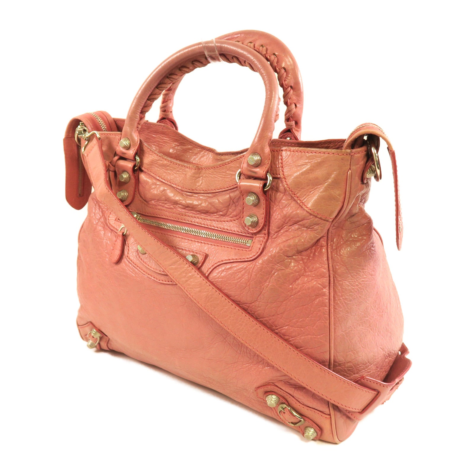 BALENCIAGA 皮革Gaint Velo銀扣手挽肩背兩用袋粉紅色