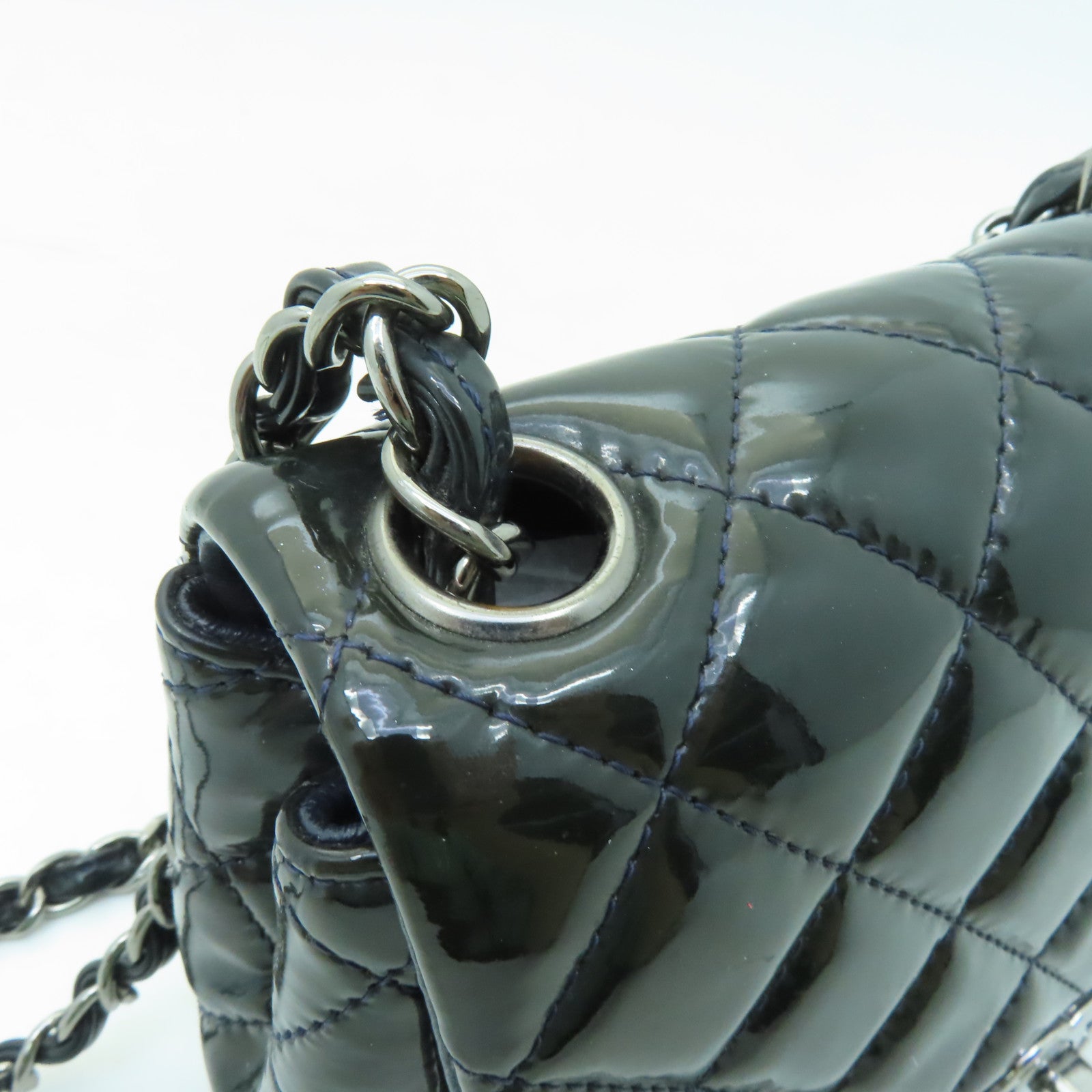 CHANEL 菱格漆皮皮革Shoulder Bag銀扣肩背袋海軍藍色