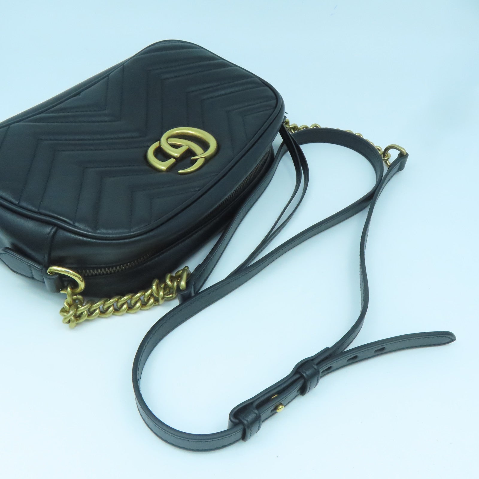GUCCI Calfskin Leather GG Marmont Gold Buckle Shoulder Bag Black