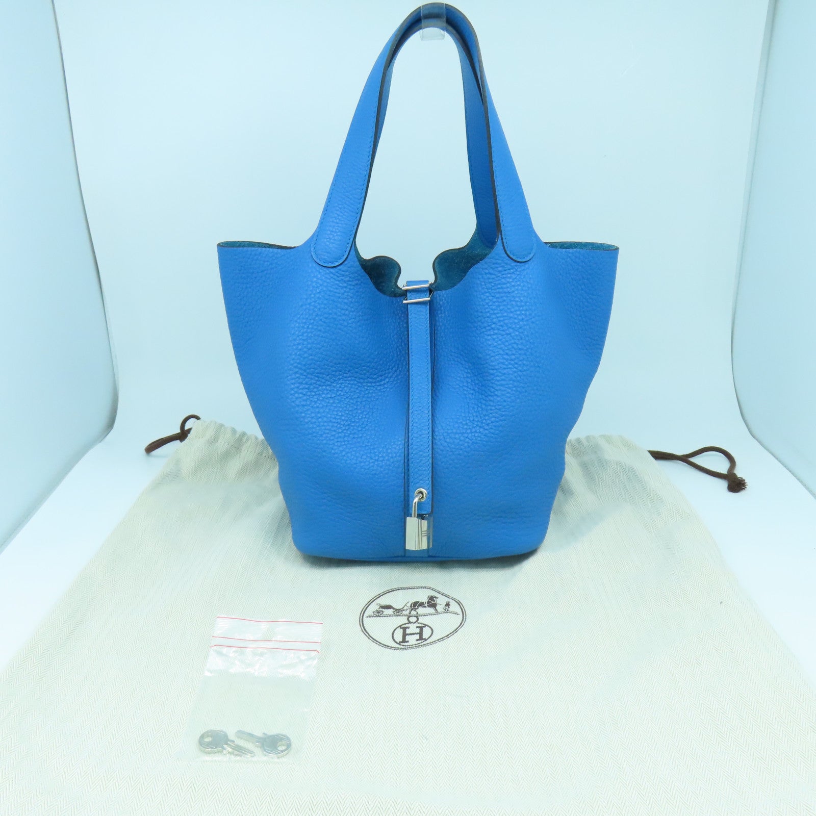HERMES Clemence皮革Picotin MM銀扣手挽袋Bleu Zanzibar坦桑尼亞藍色