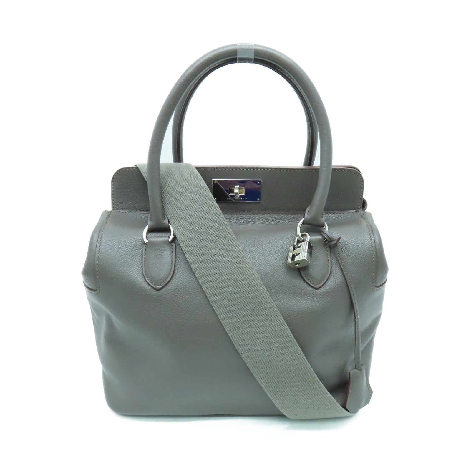 HERMES Evercolor Leather Toolbox 26 Silver Buckle Handle Shoulder Backpack Tin Gray