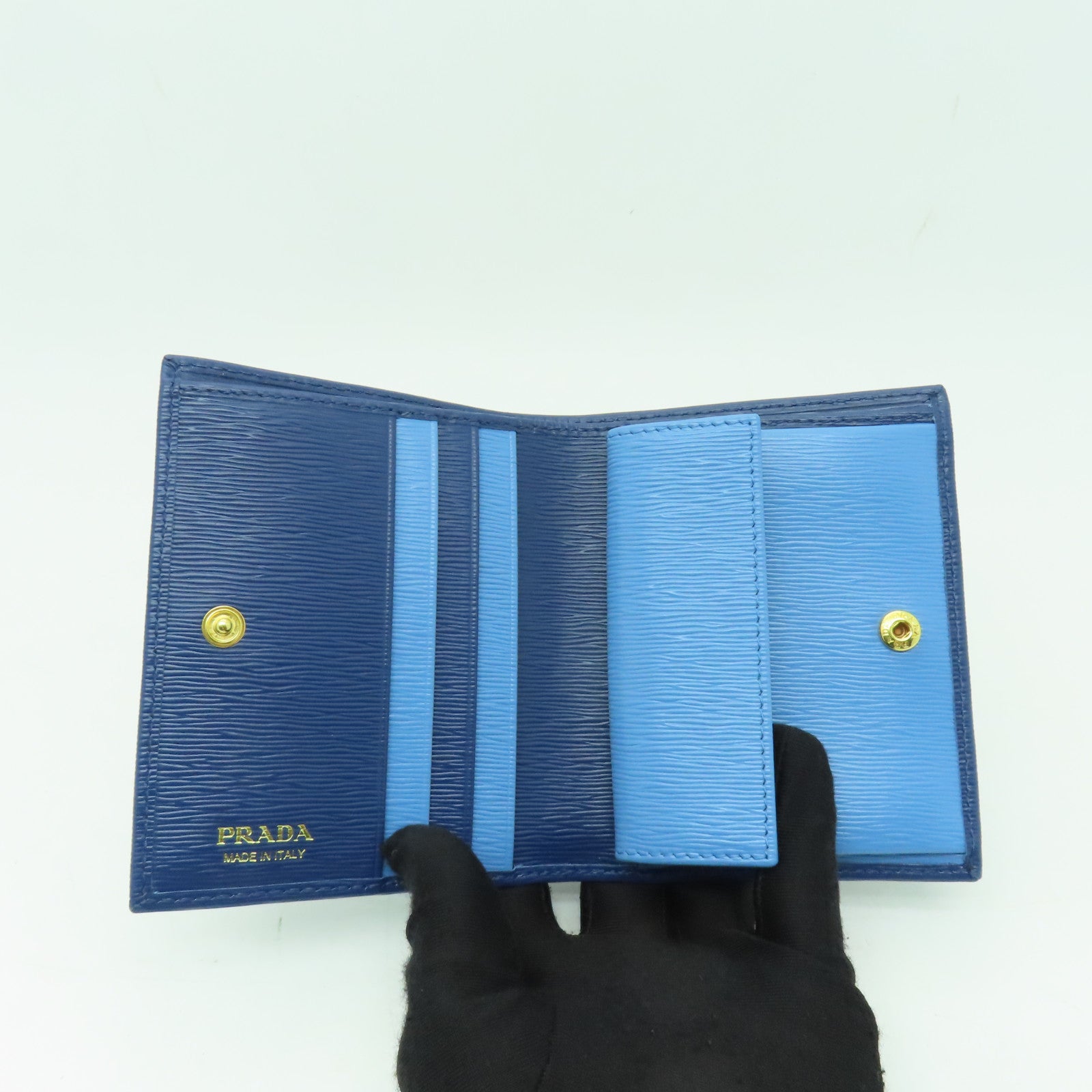 PRADA 牛皮皮革Wallet金扣錢包藍色