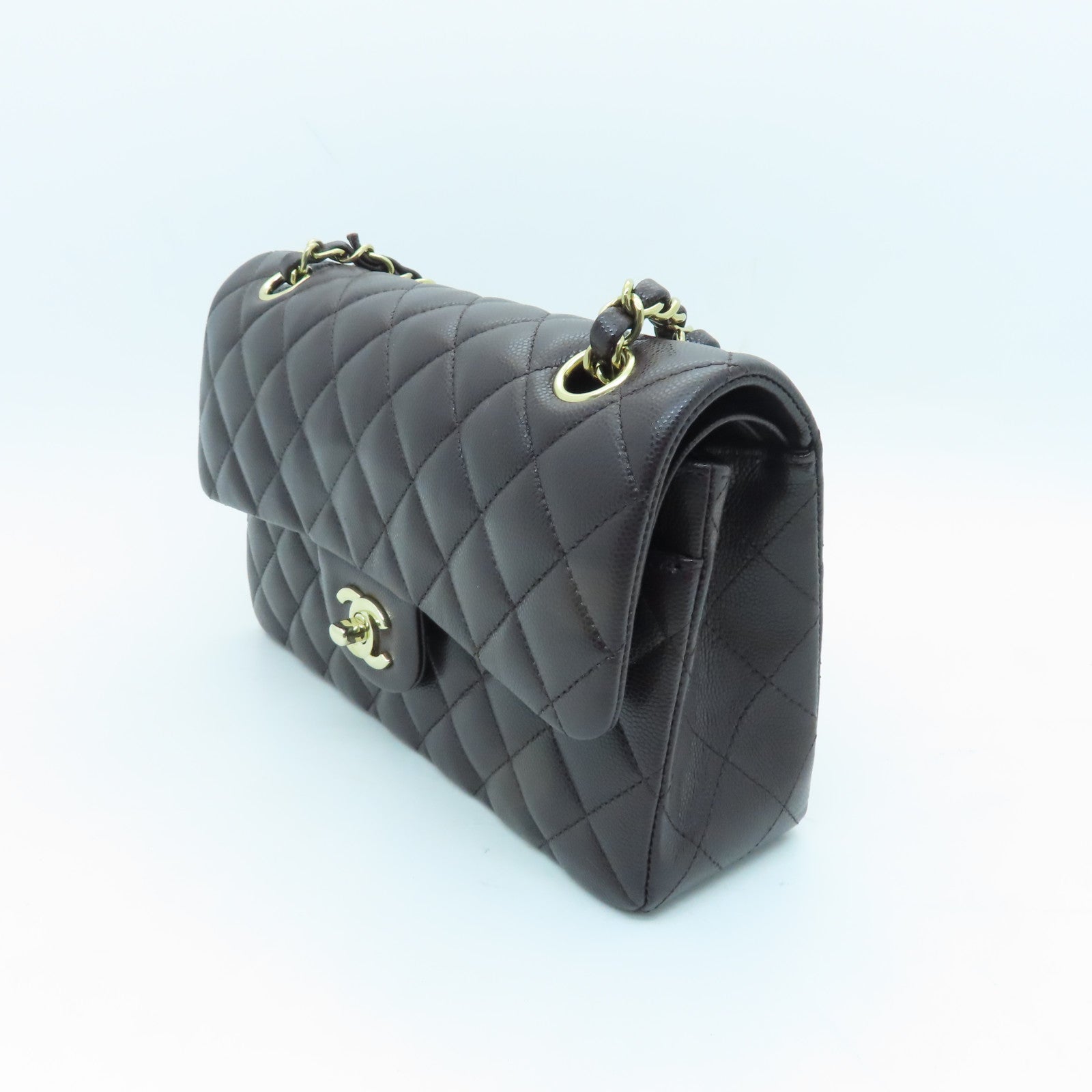CHANEL Rhombus Caviar Leather Classic 23 cm Gold Buckle Handle Chain Strap Shoulder Bag Brown