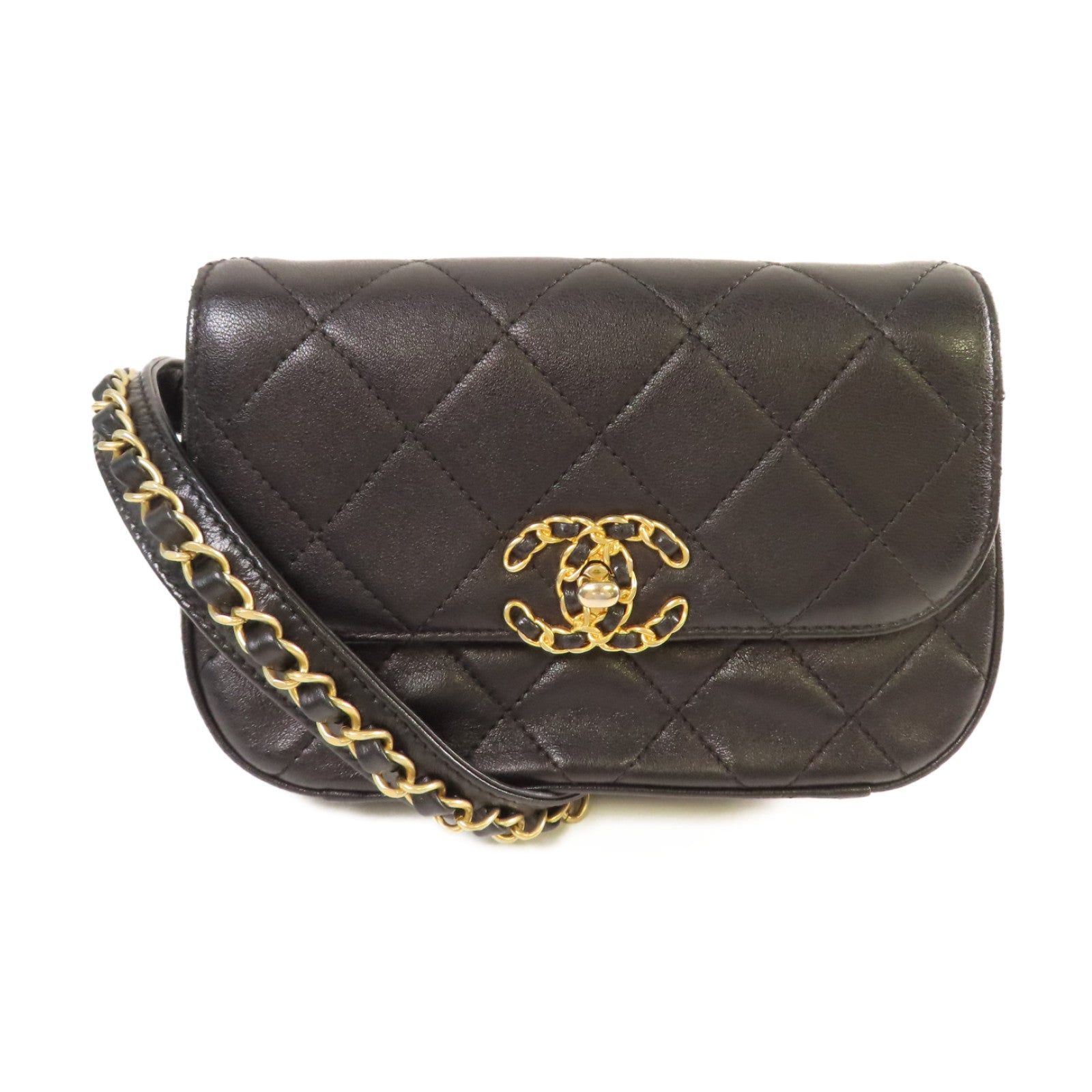 CHANEL 菱格牛皮皮革Waist Bag金扣腰包黑色