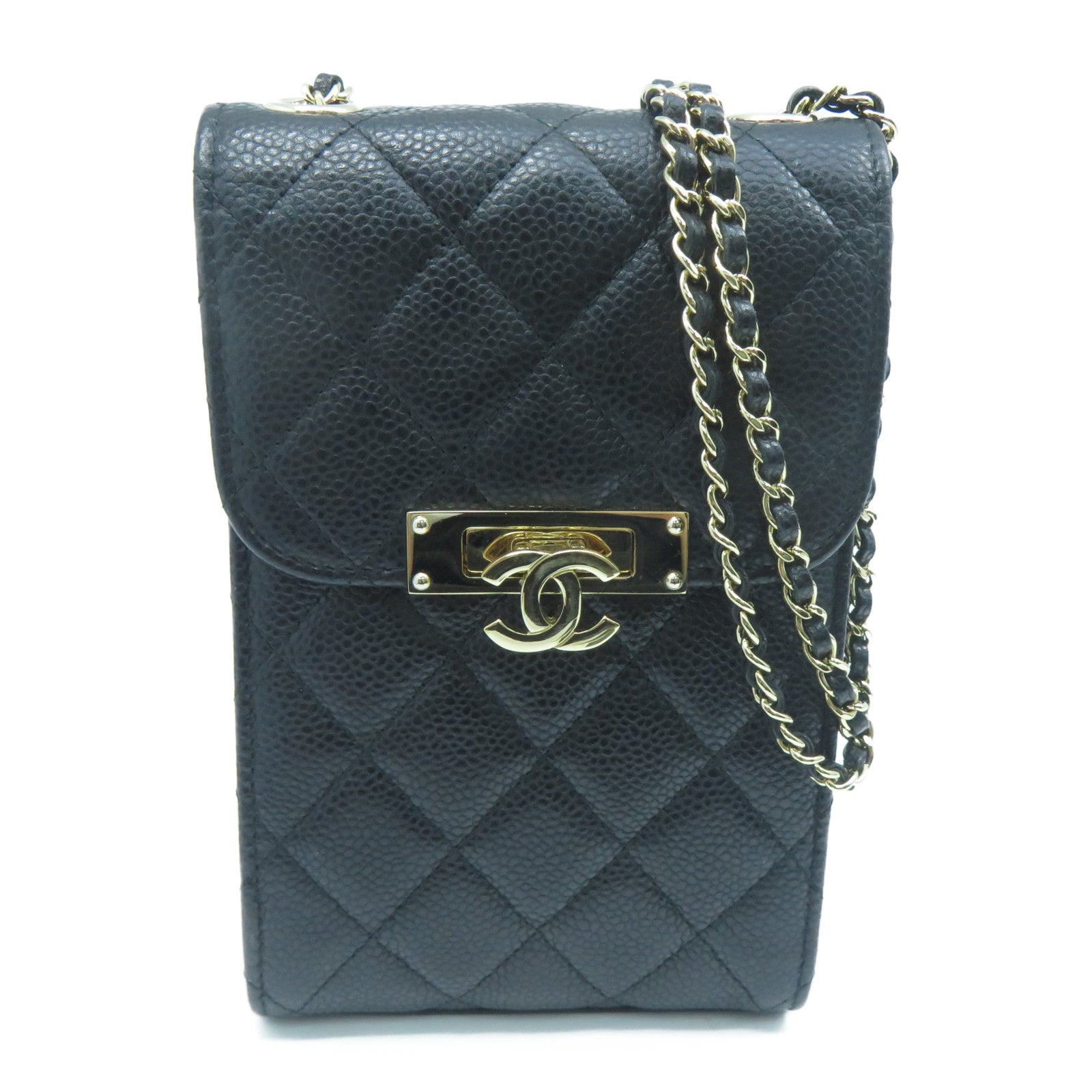 CHANEL 菱格Caviar皮革Chain Shoulder金扣鏈帶肩背袋黑色