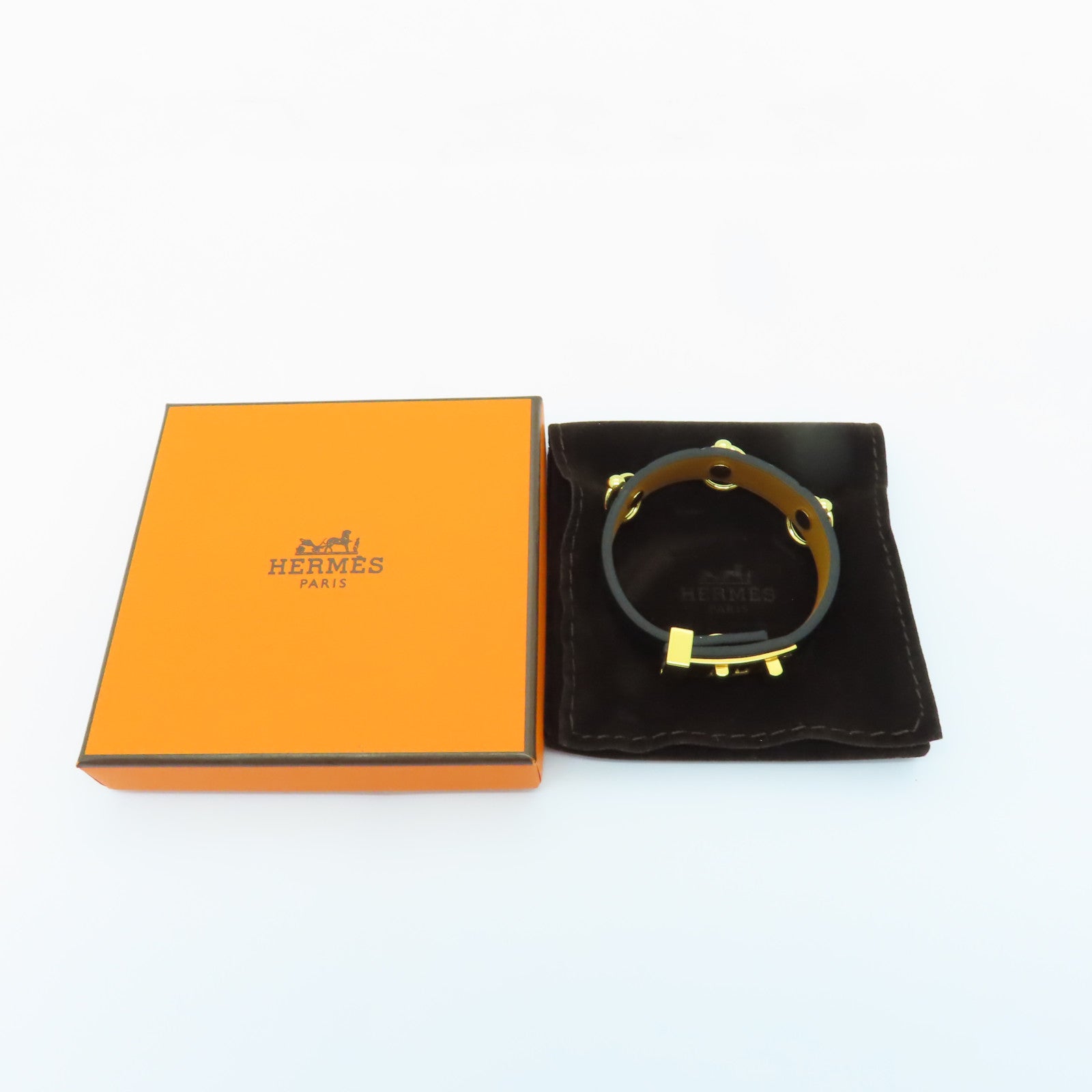HERMES Swift皮革MINI DOG ANNEAUX金扣手鐲黑色