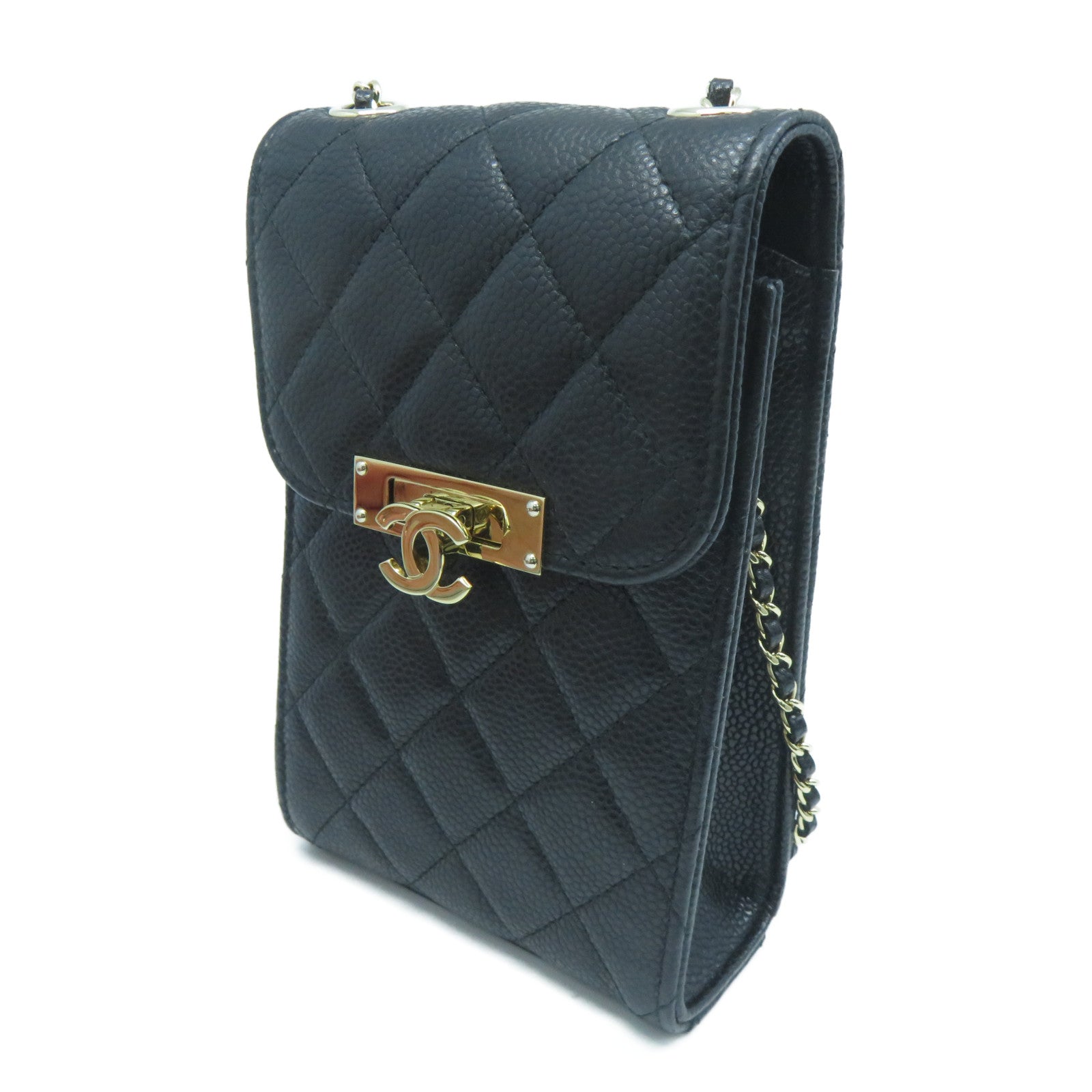 CHANEL 菱格Caviar皮革Chain Shoulder金扣鏈帶肩背袋黑色