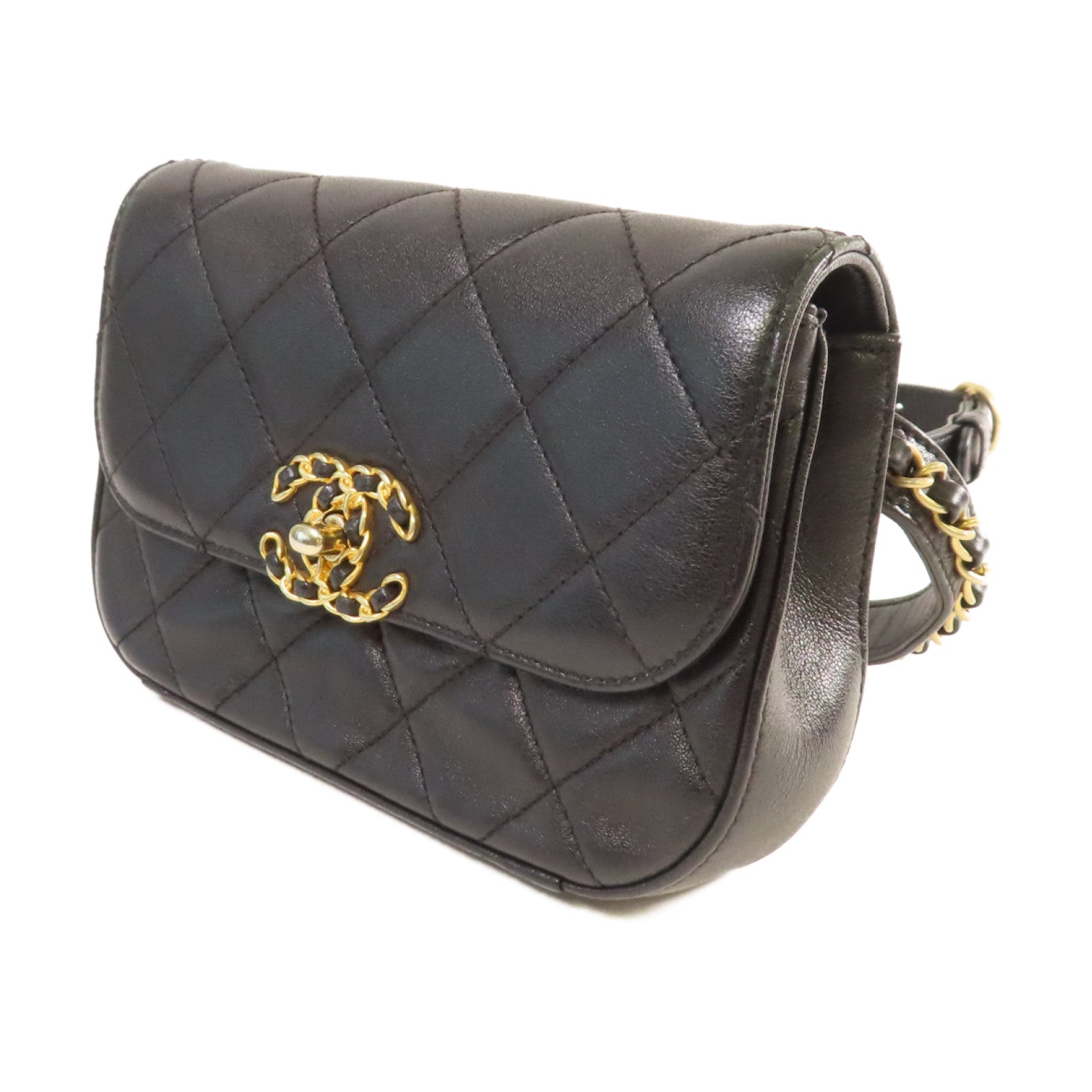 CHANEL 菱格牛皮皮革Waist Bag金扣腰包黑色