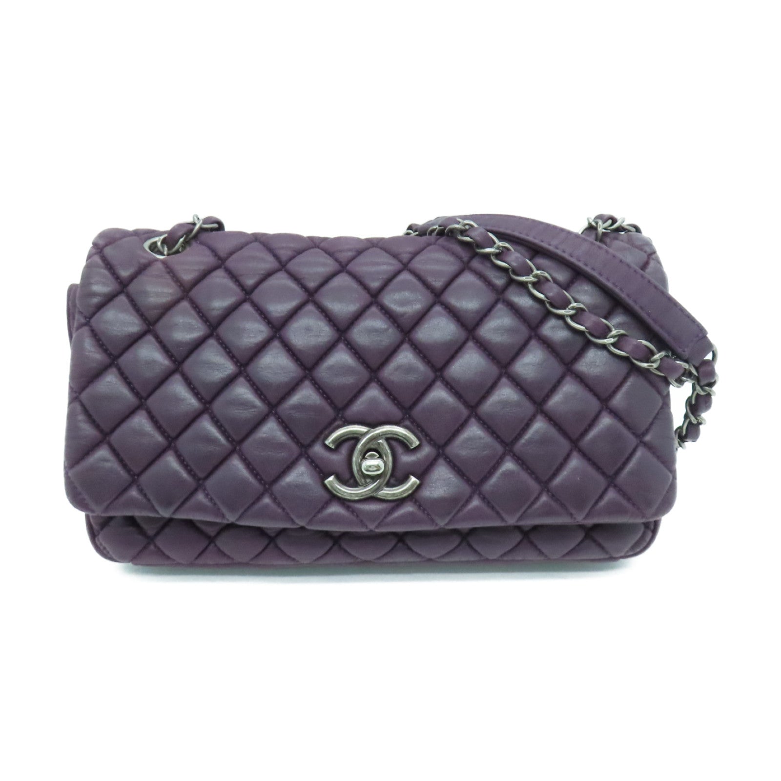 CHANEL 【激減優惠】菱格羊皮皮革Chain Shoulder銀扣鏈帶肩背袋紫色