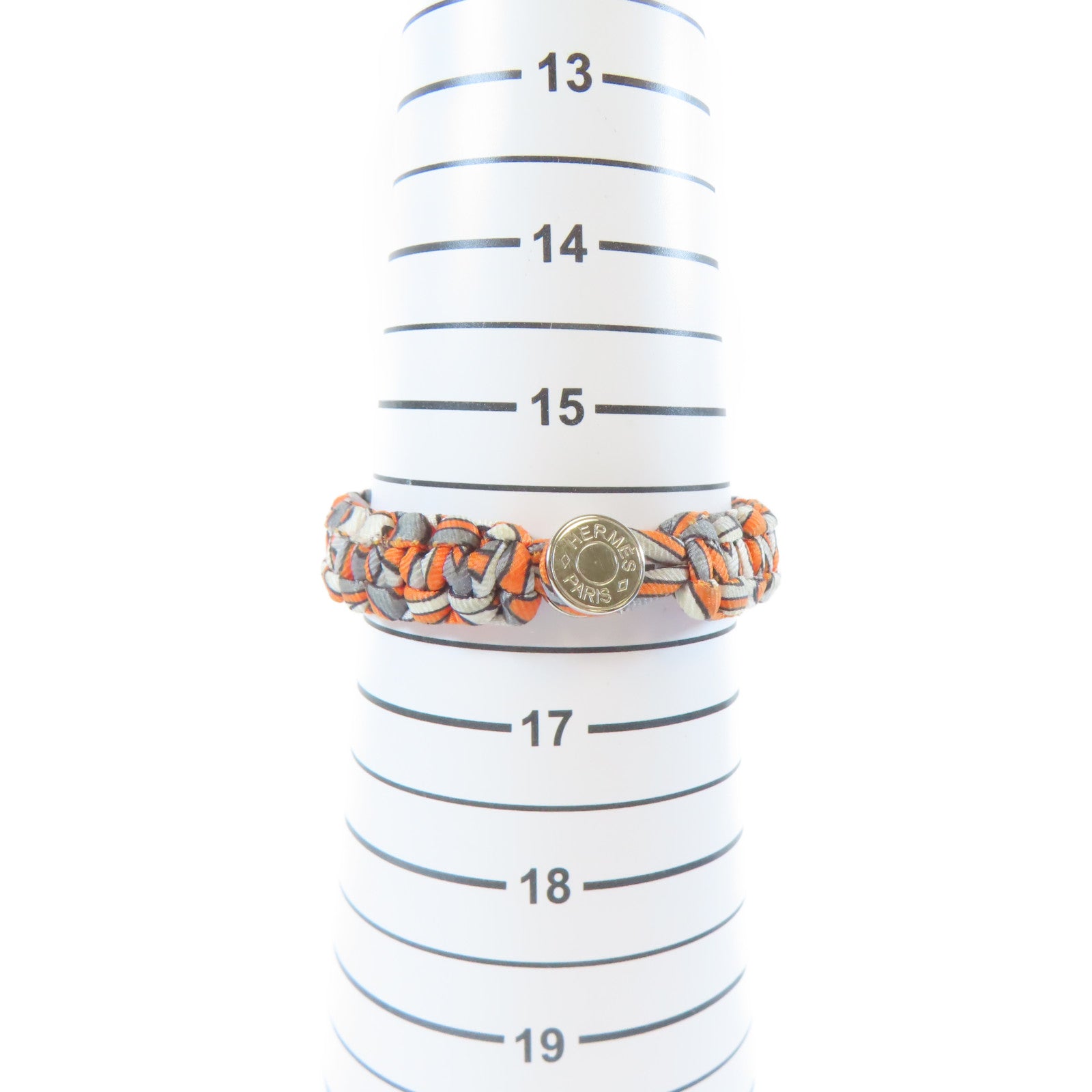 HERMES 絲質Multiprint Braided Bracelet銀扣手鐲橙色/灰色#16cm