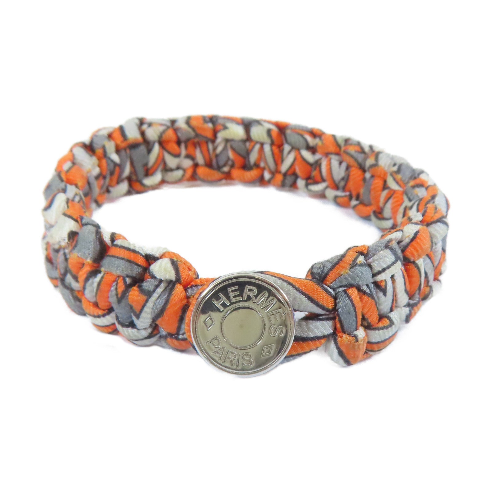 HERMES 絲質Multiprint Braided Bracelet銀扣手鐲橙色/灰色#16cm