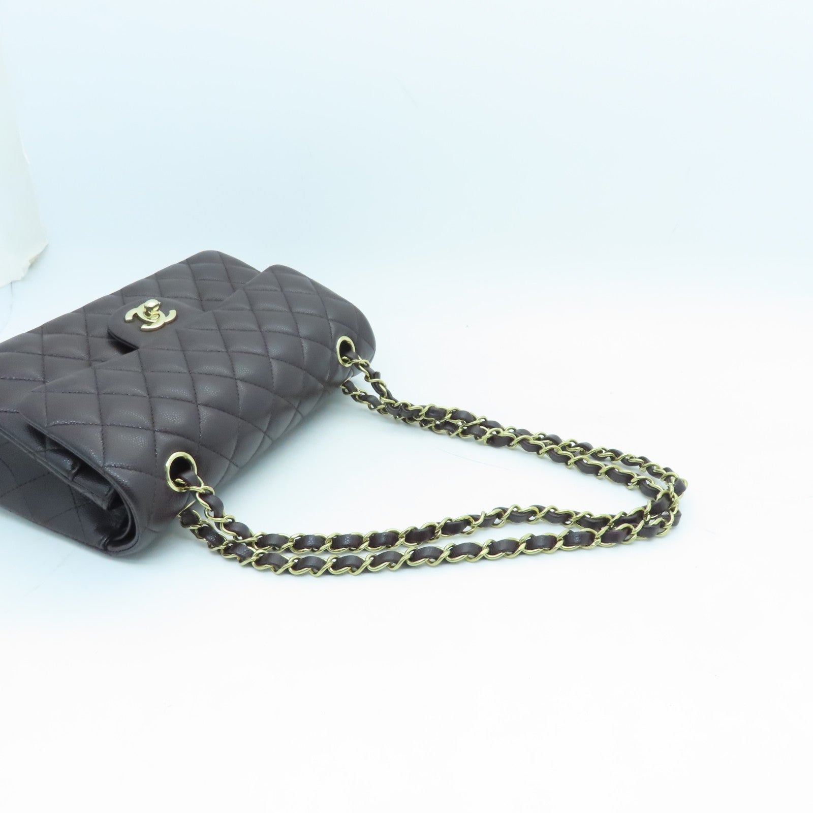 CHANEL Rhombus Caviar Leather Classic 23 cm Gold Buckle Handle Chain Strap Shoulder Bag Brown