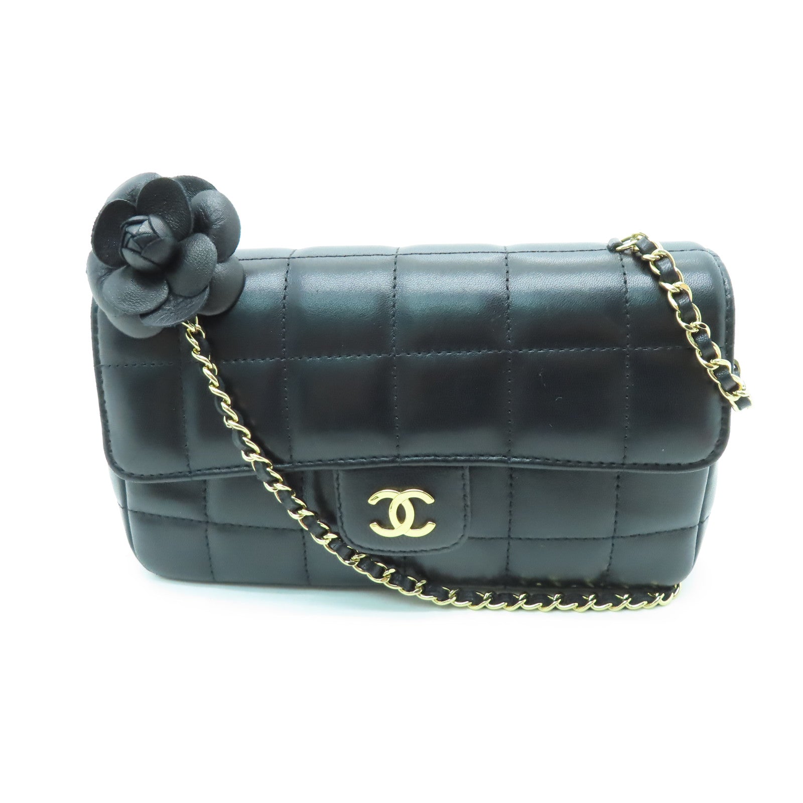 CHANEL 羊皮皮革Chain Shoulder金扣鏈帶肩背袋黑色