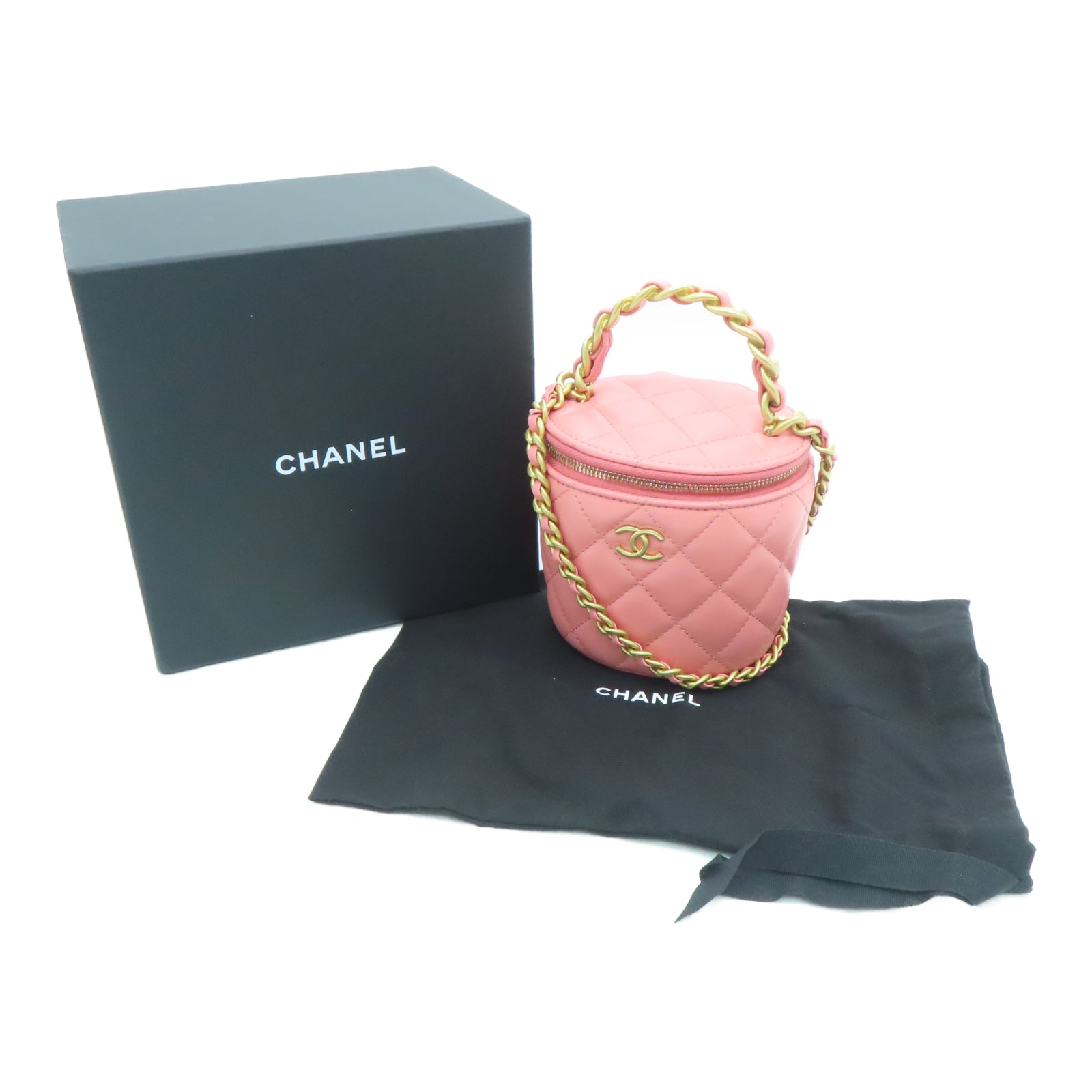 CHANEL 菱格羊皮皮革Small Vanity Case金扣链带手挽肩背两用袋粉红色
