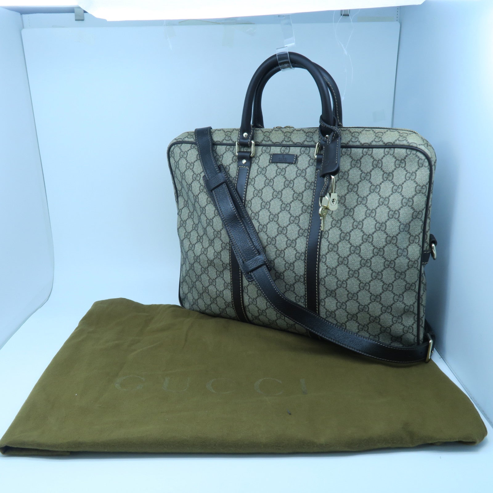 GUCCI 塗層帆布2 Way Shoulder金扣手挽肩背兩用袋啡色