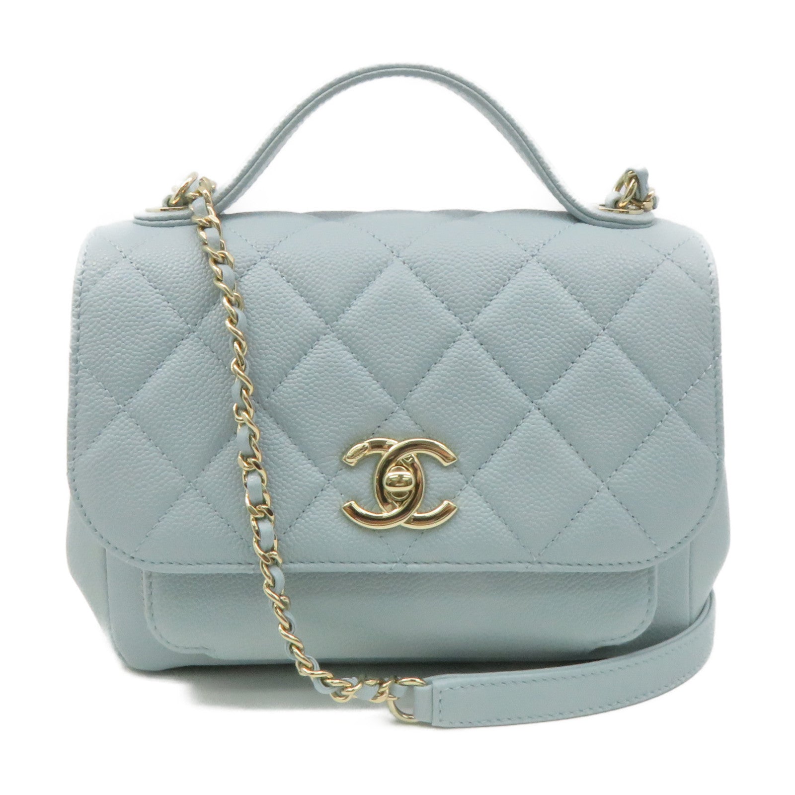 CHANEL 菱格Caviar皮革2Way Chain Shoulder Bag金扣鏈帶肩背袋湖綠色
