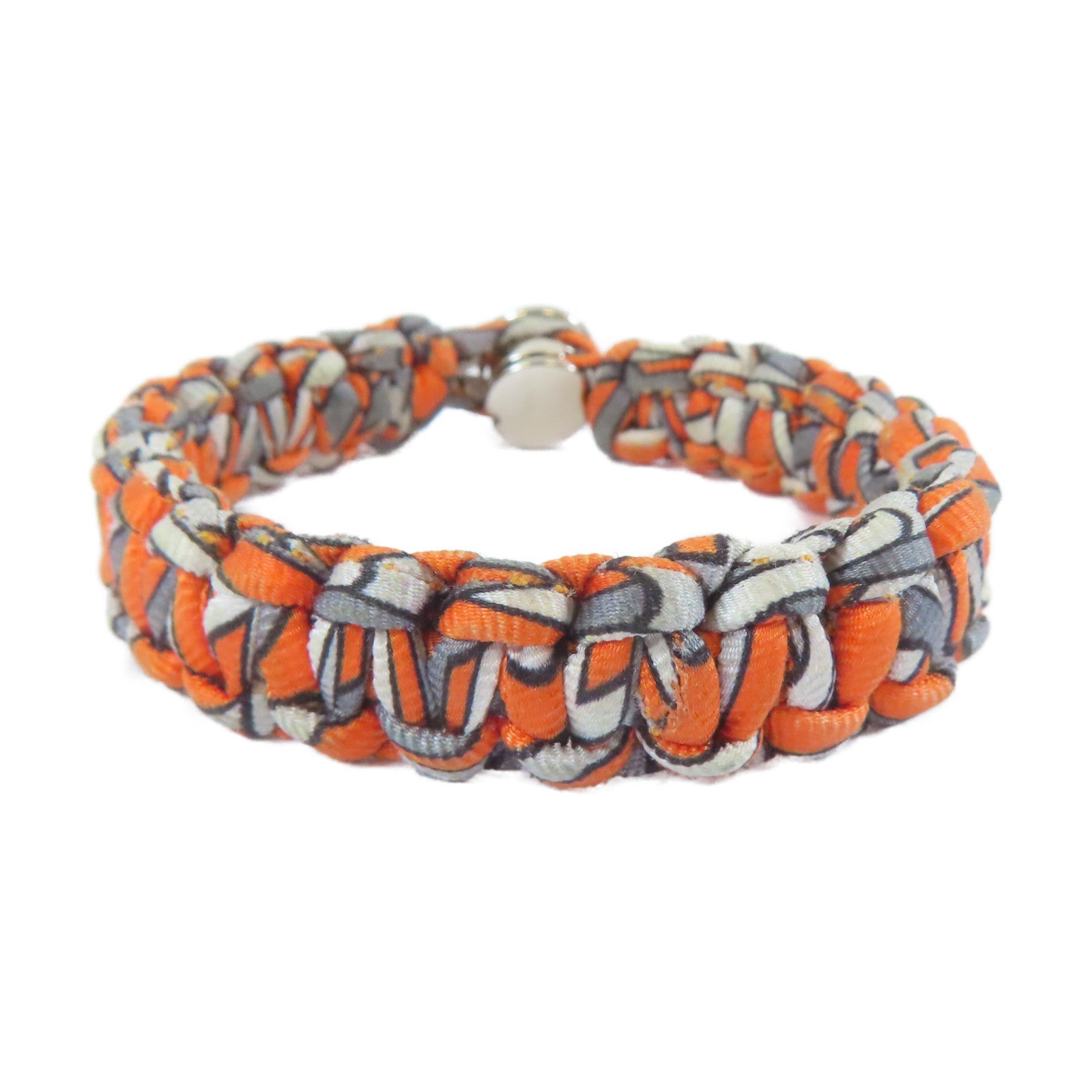HERMES 絲質Multiprint Braided Bracelet銀扣手鐲橙色/灰色#16cm