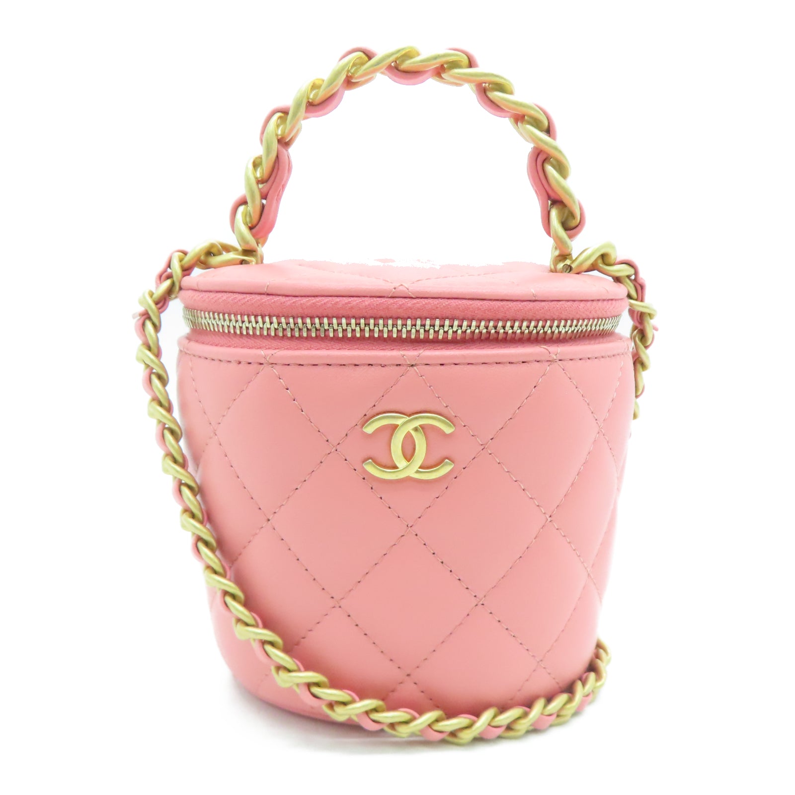 CHANEL 菱格羊皮皮革Small Vanity Case金扣链带手挽肩背两用袋粉红色