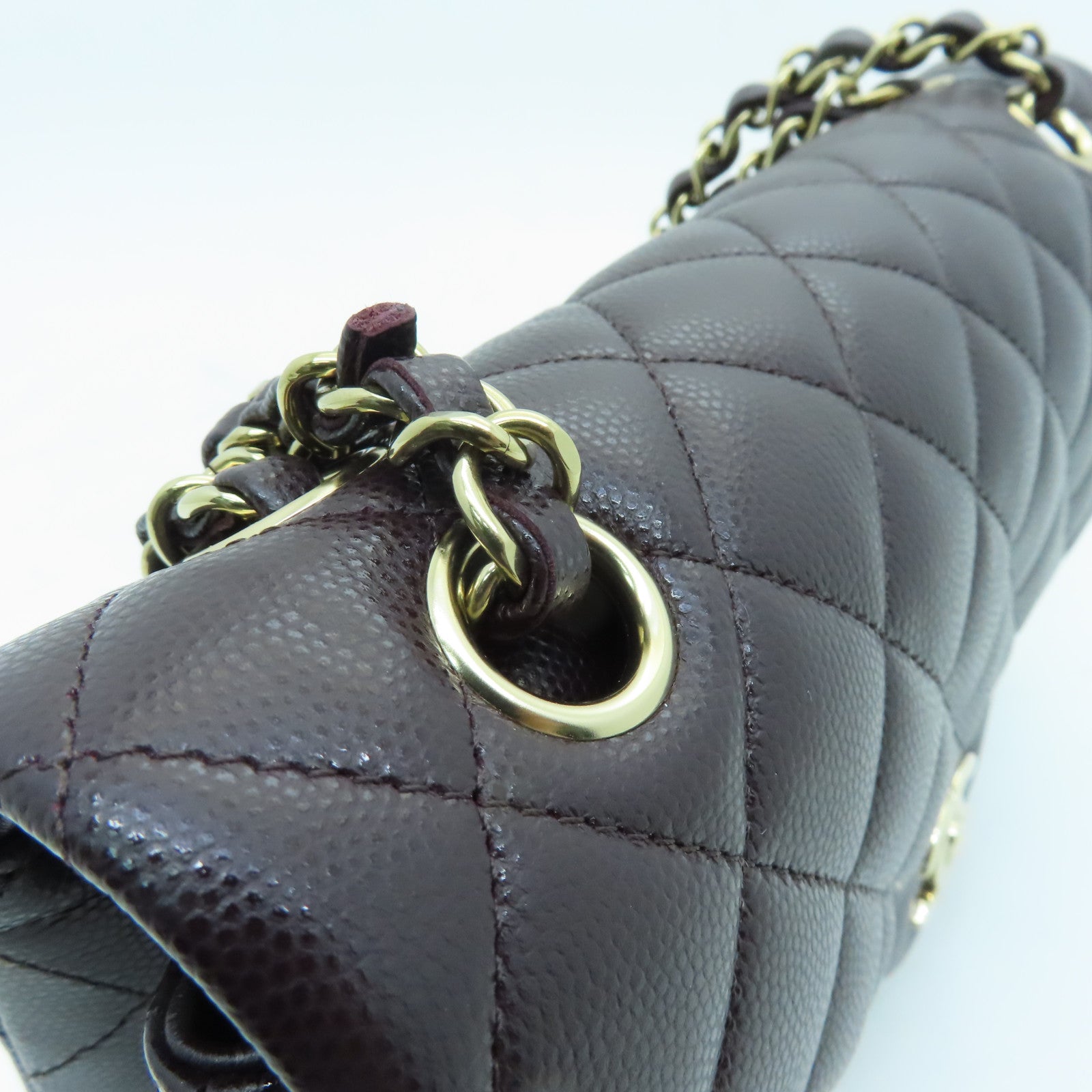 CHANEL Rhombus Caviar Leather Classic 23 cm Gold Buckle Handle Chain Strap Shoulder Bag Brown