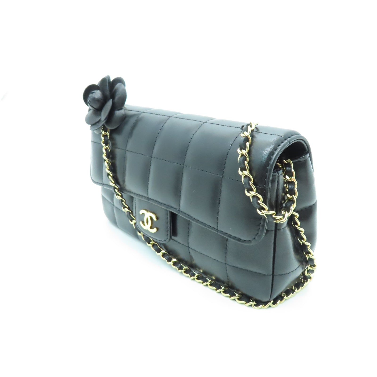 CHANEL 羊皮皮革Chain Shoulder金扣鏈帶肩背袋黑色