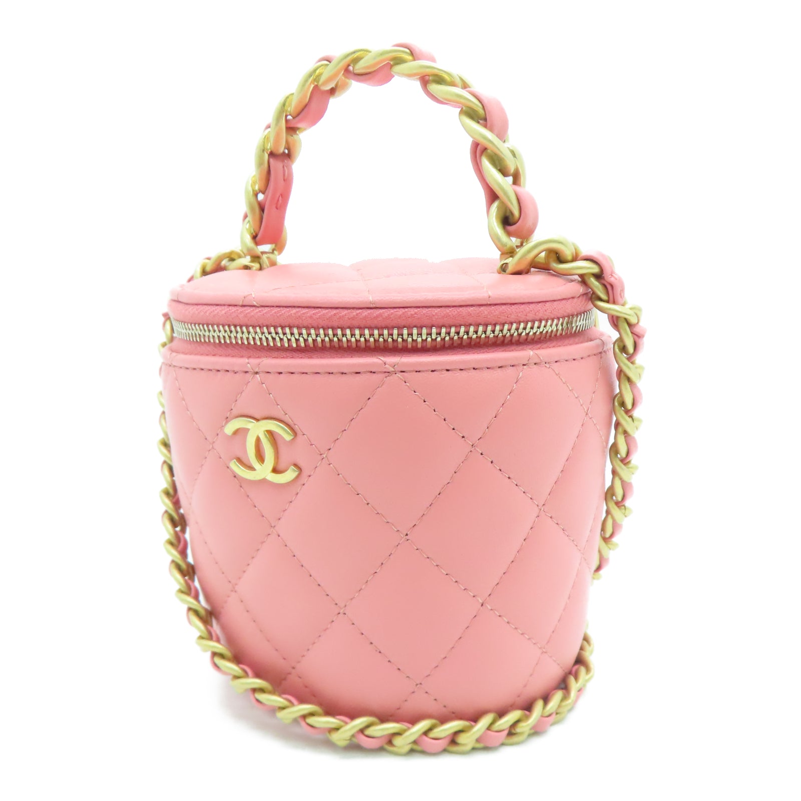 CHANEL 菱格羊皮皮革Small Vanity Case金扣链带手挽肩背两用袋粉红色