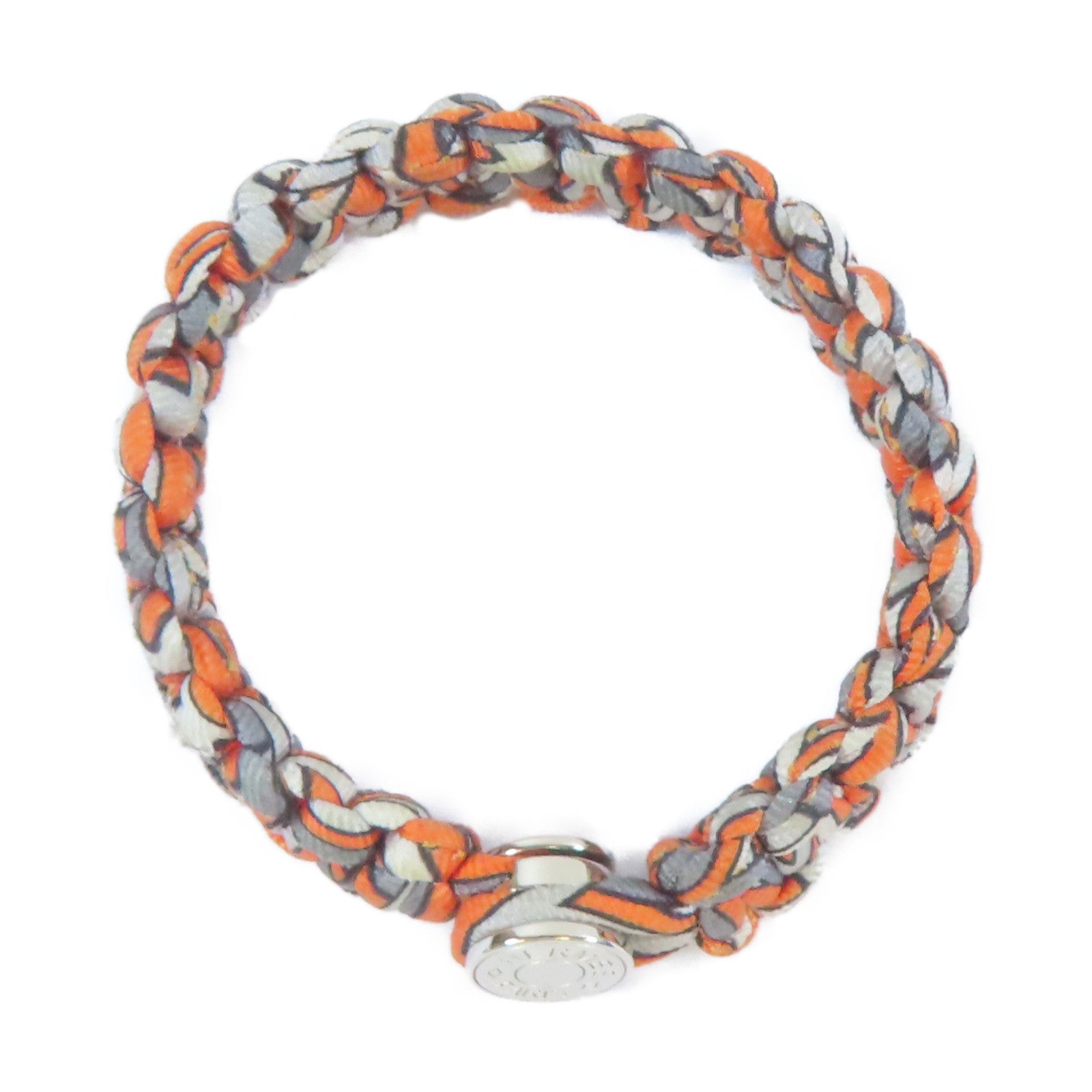 HERMES 絲質Multiprint Braided Bracelet銀扣手鐲橙色/灰色#16cm
