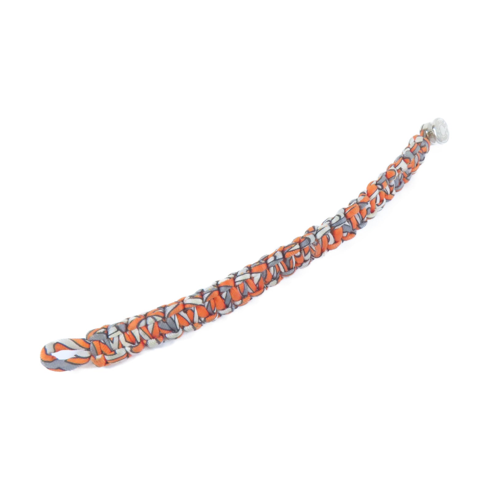 HERMES 絲質Multiprint Braided Bracelet銀扣手鐲橙色/灰色#16cm