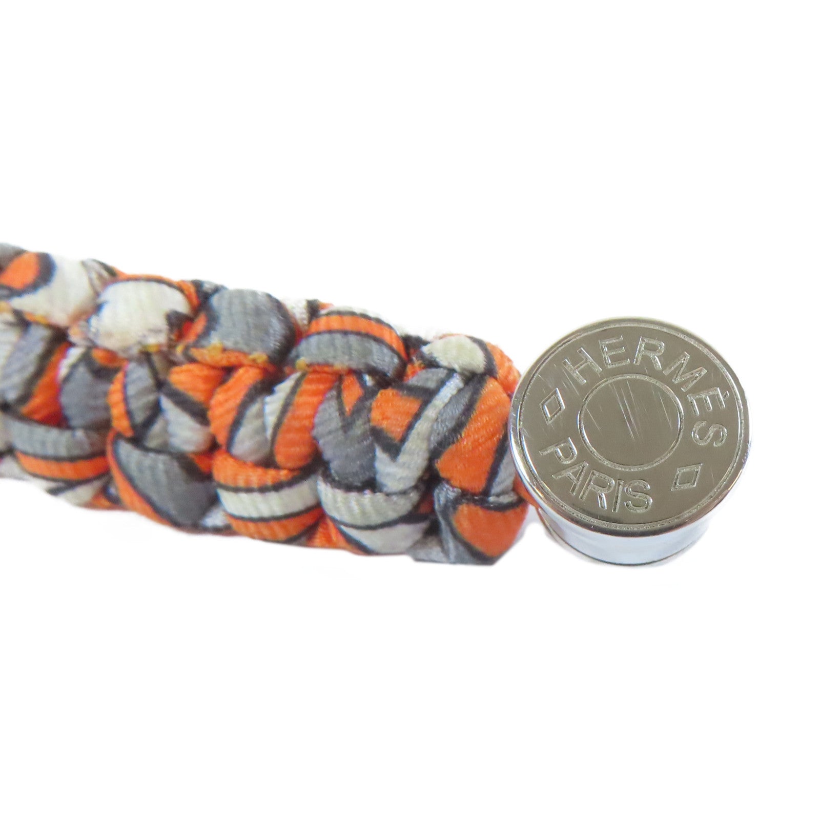 HERMES 絲質Multiprint Braided Bracelet銀扣手鐲橙色/灰色#16cm