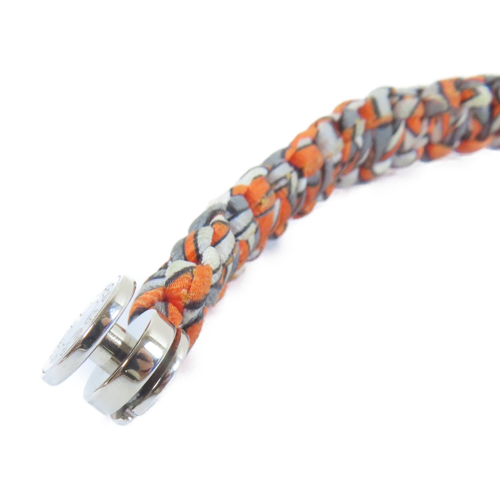 HERMES 絲質Multiprint Braided Bracelet銀扣手鐲橙色/灰色#16cm