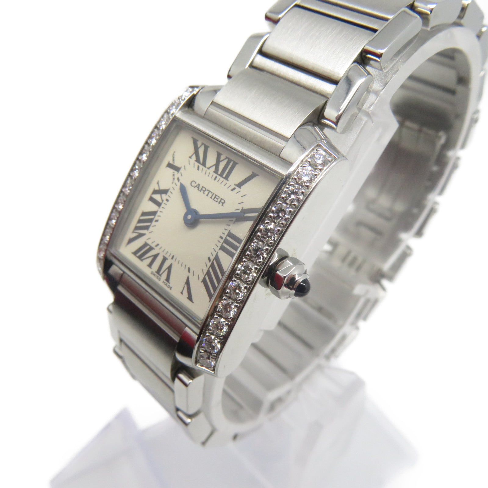 CARTIER Tank Francaise不鏽鋼/鑽石手錶石英機芯米白色