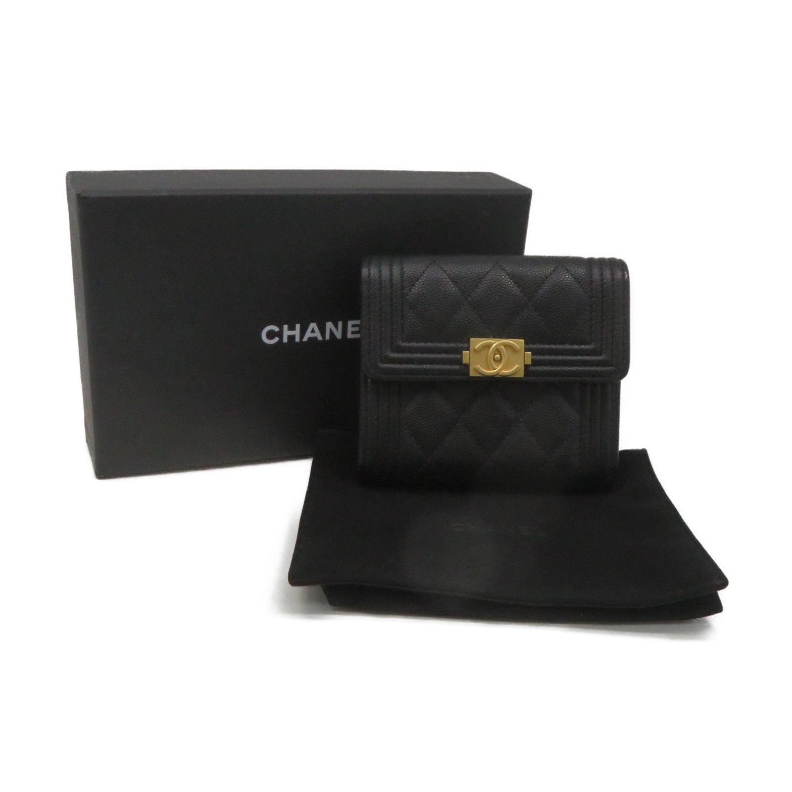 CHANEL Rhombus Caviar Leather Short Wallet Gold Buckle Short Wallet Black