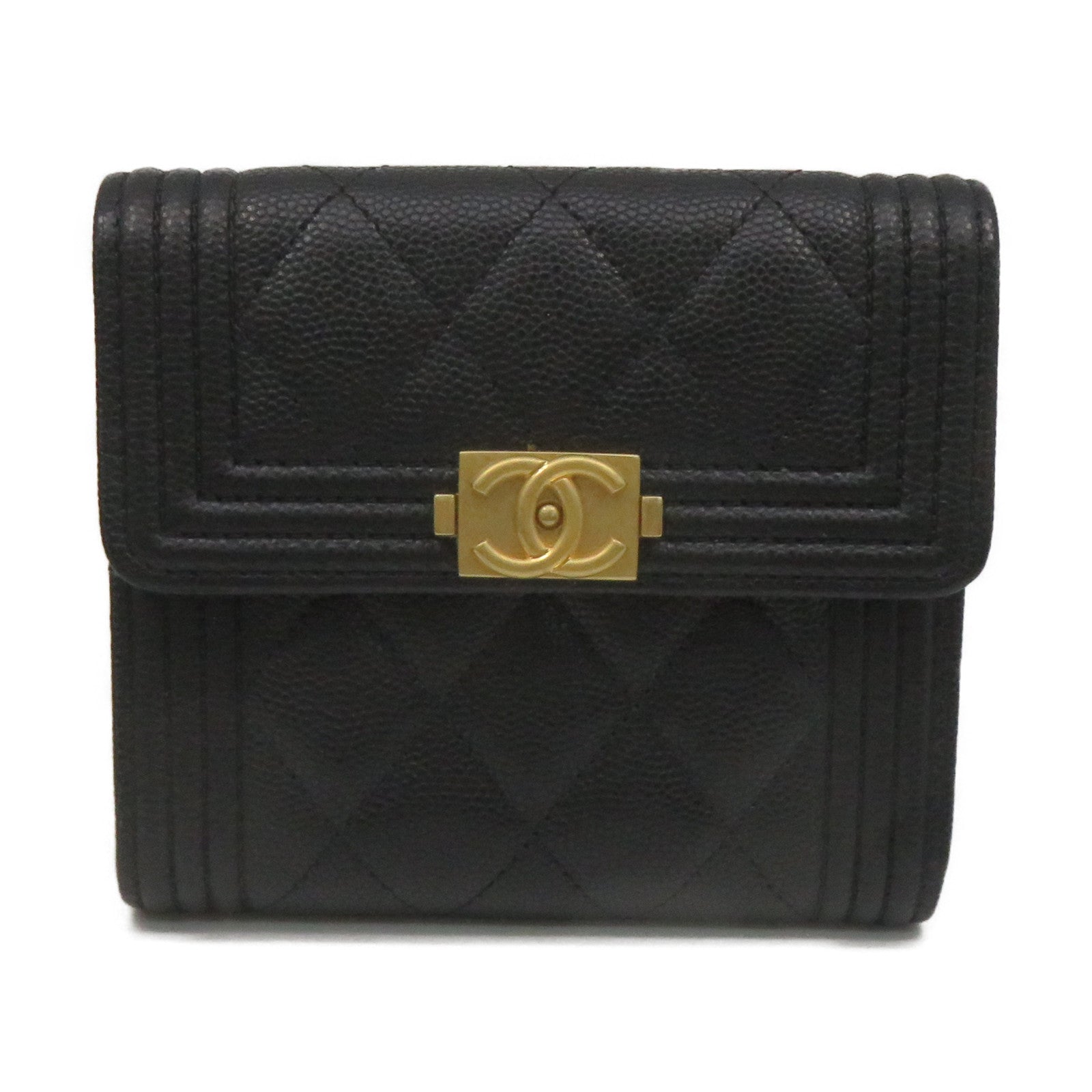CHANEL Rhombus Caviar Leather Short Wallet Gold Buckle Short Wallet Black