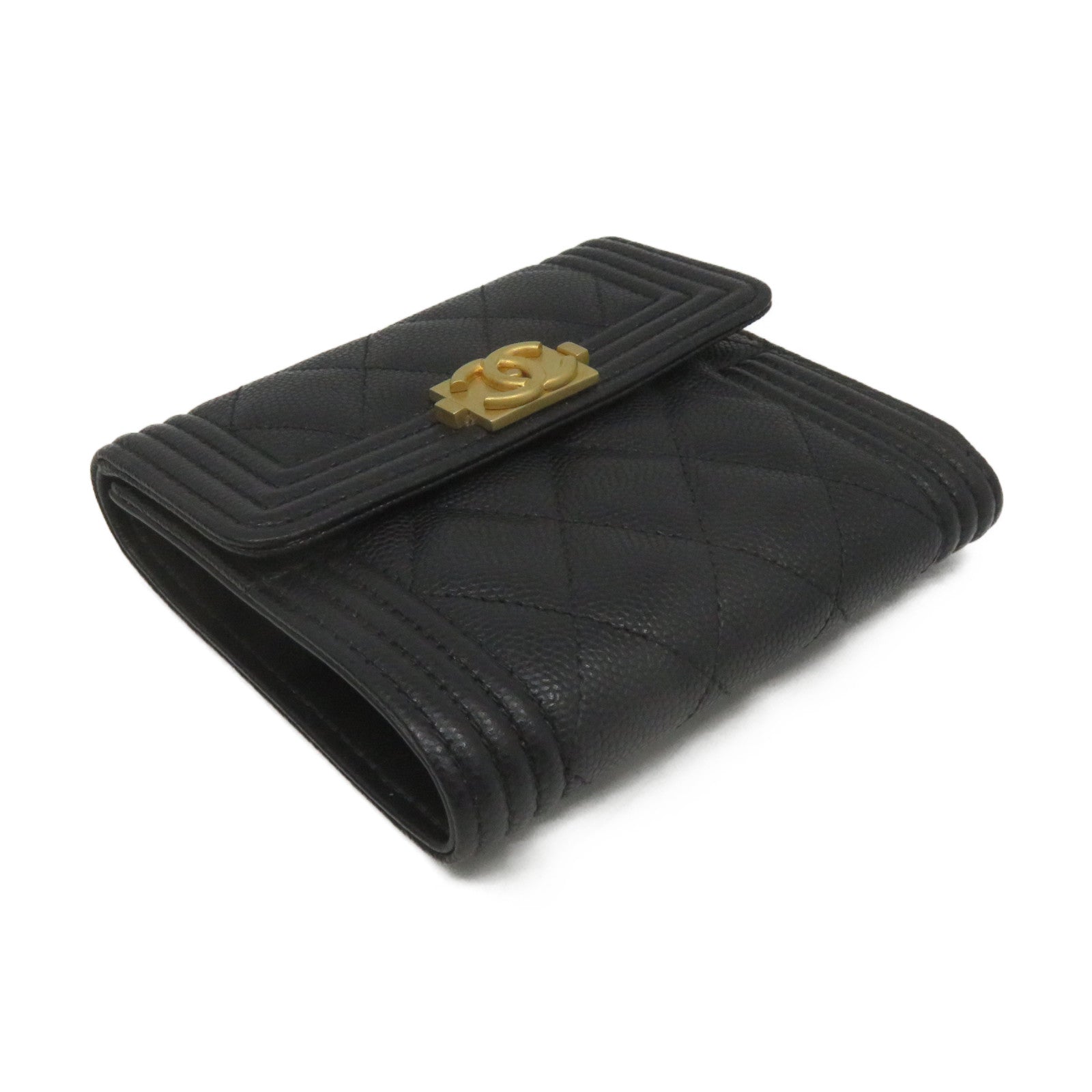 CHANEL Rhombus Caviar Leather Short Wallet Gold Buckle Short Wallet Black
