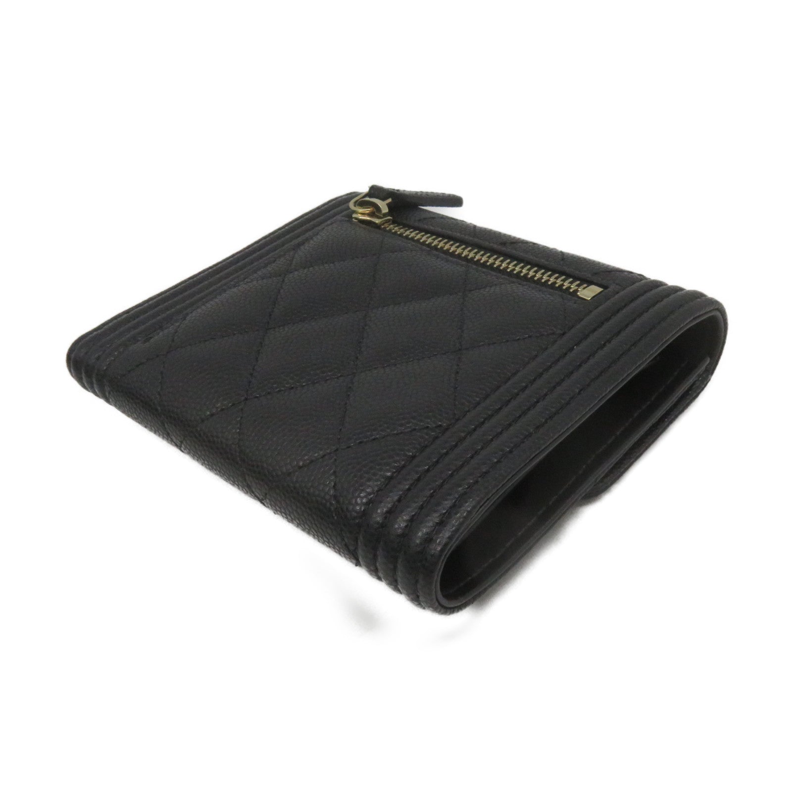 CHANEL Rhombus Caviar Leather Short Wallet Gold Buckle Short Wallet Black