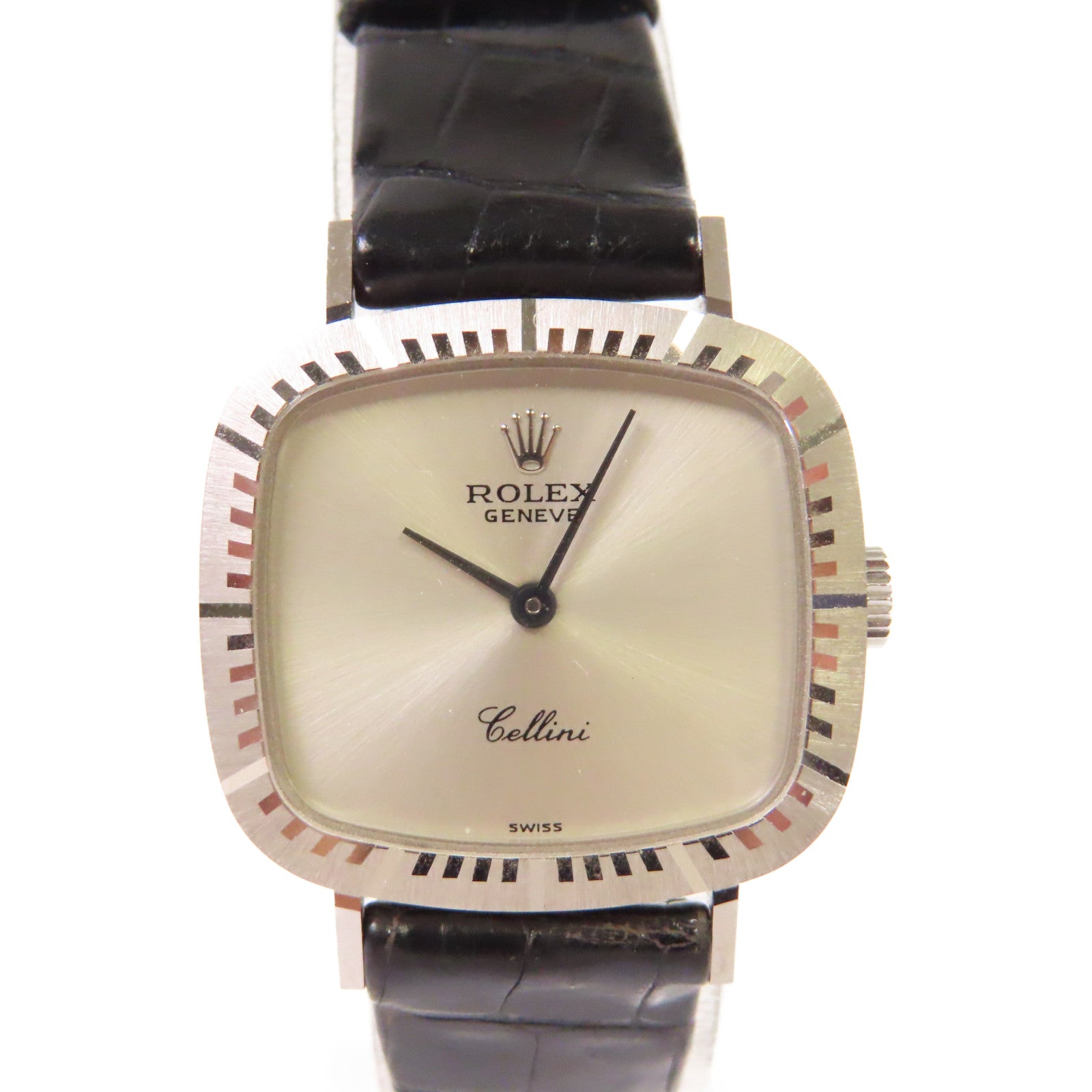 ROLEX Cellini Watch 18K白金/鱷魚皮帶石英機芯銀色/黑色