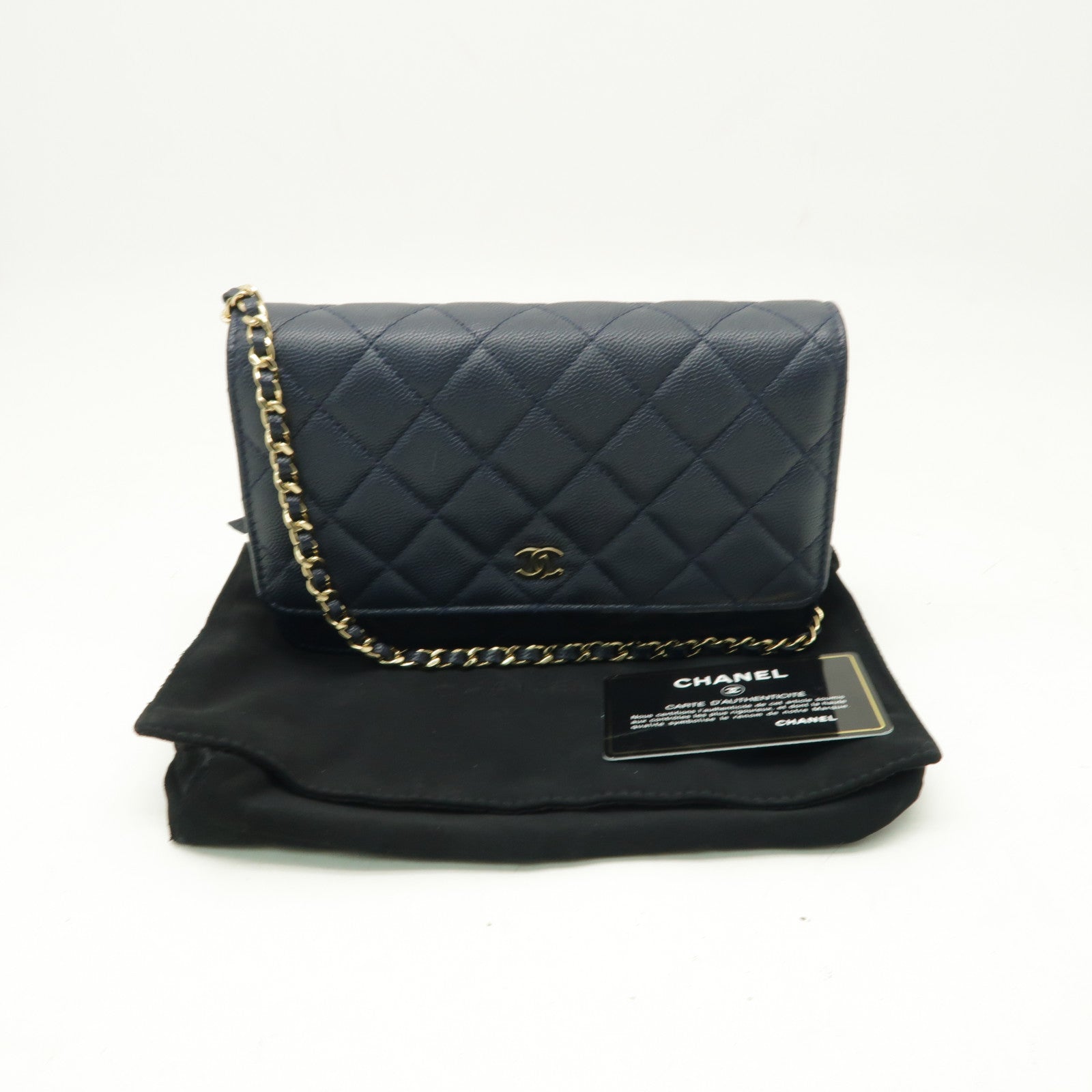 CHANEL 菱格Caviar皮革WOC Wallet On Chain金扣鏈帶肩背袋深藍色