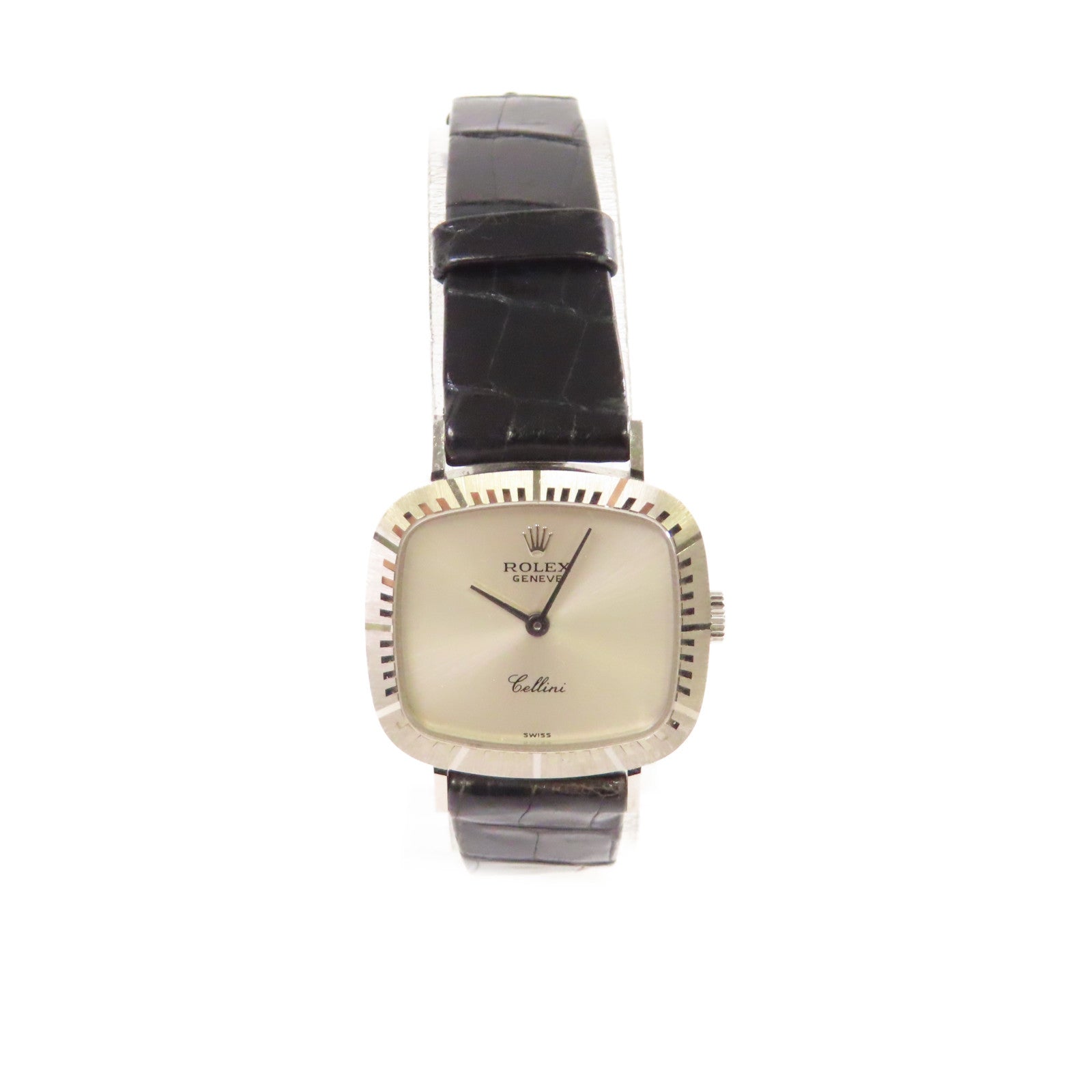 ROLEX Cellini Watch 18K白金/鱷魚皮帶石英機芯銀色/黑色
