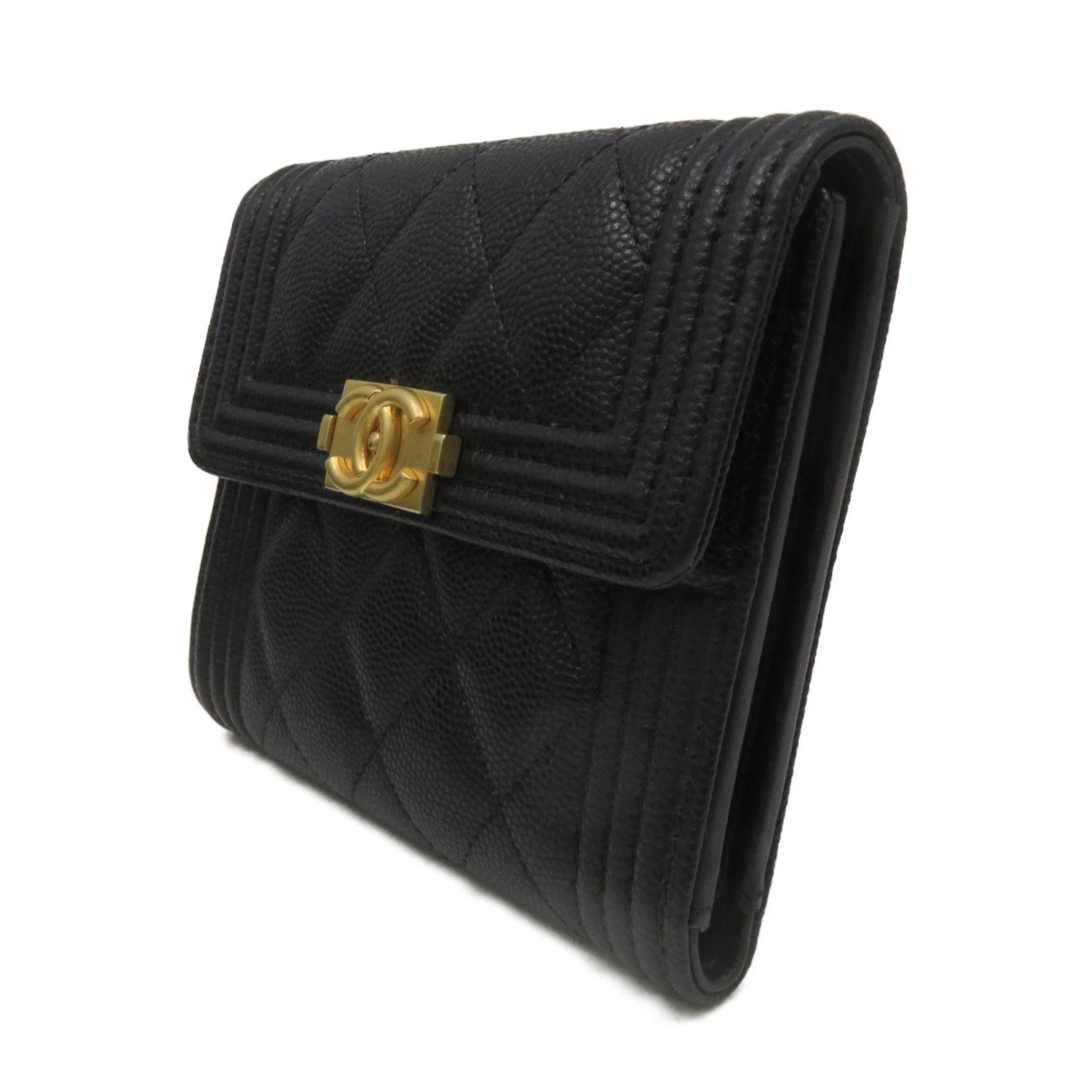 CHANEL Rhombus Caviar Leather Short Wallet Gold Buckle Short Wallet Black
