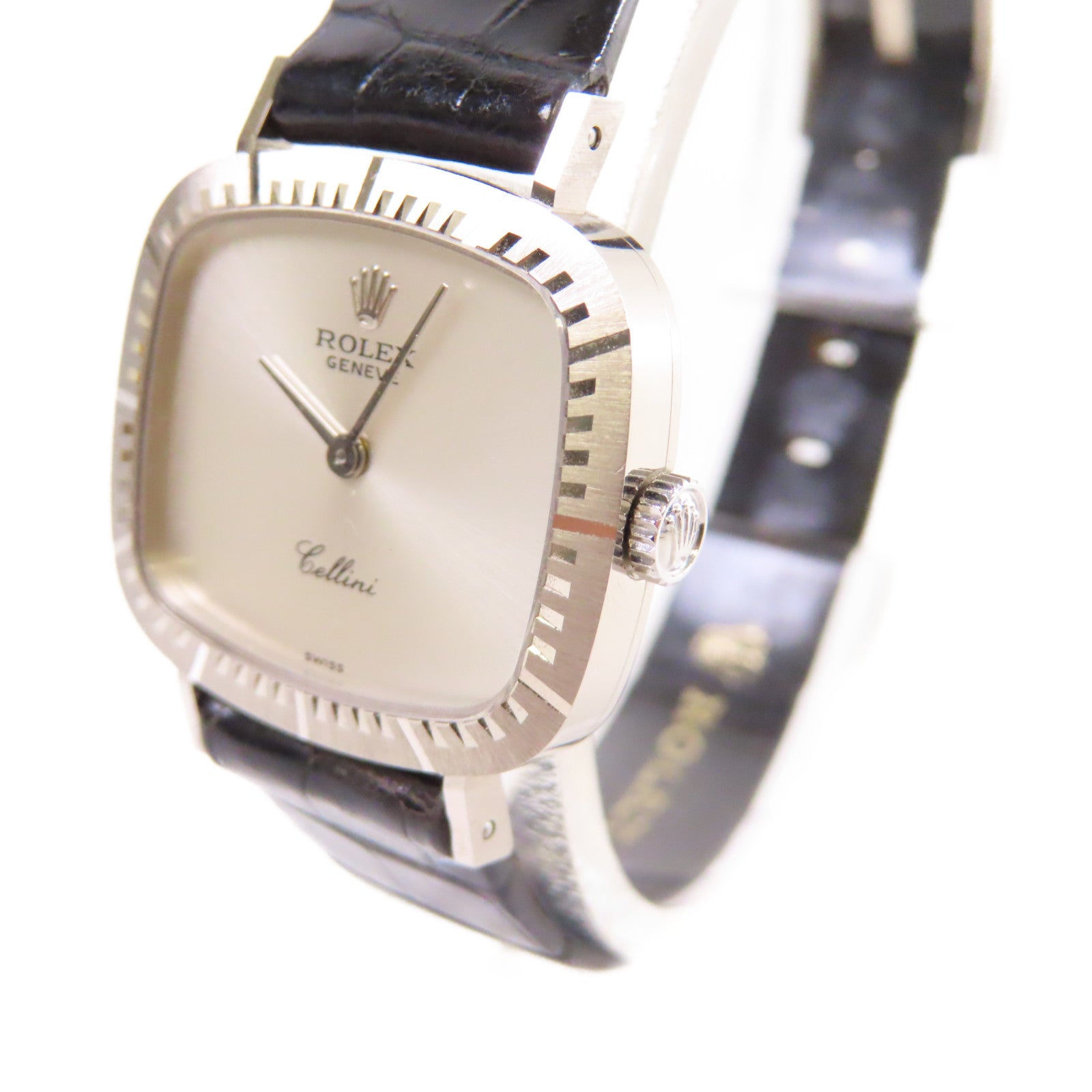 ROLEX Cellini Watch 18K白金/鱷魚皮帶石英機芯銀色/黑色