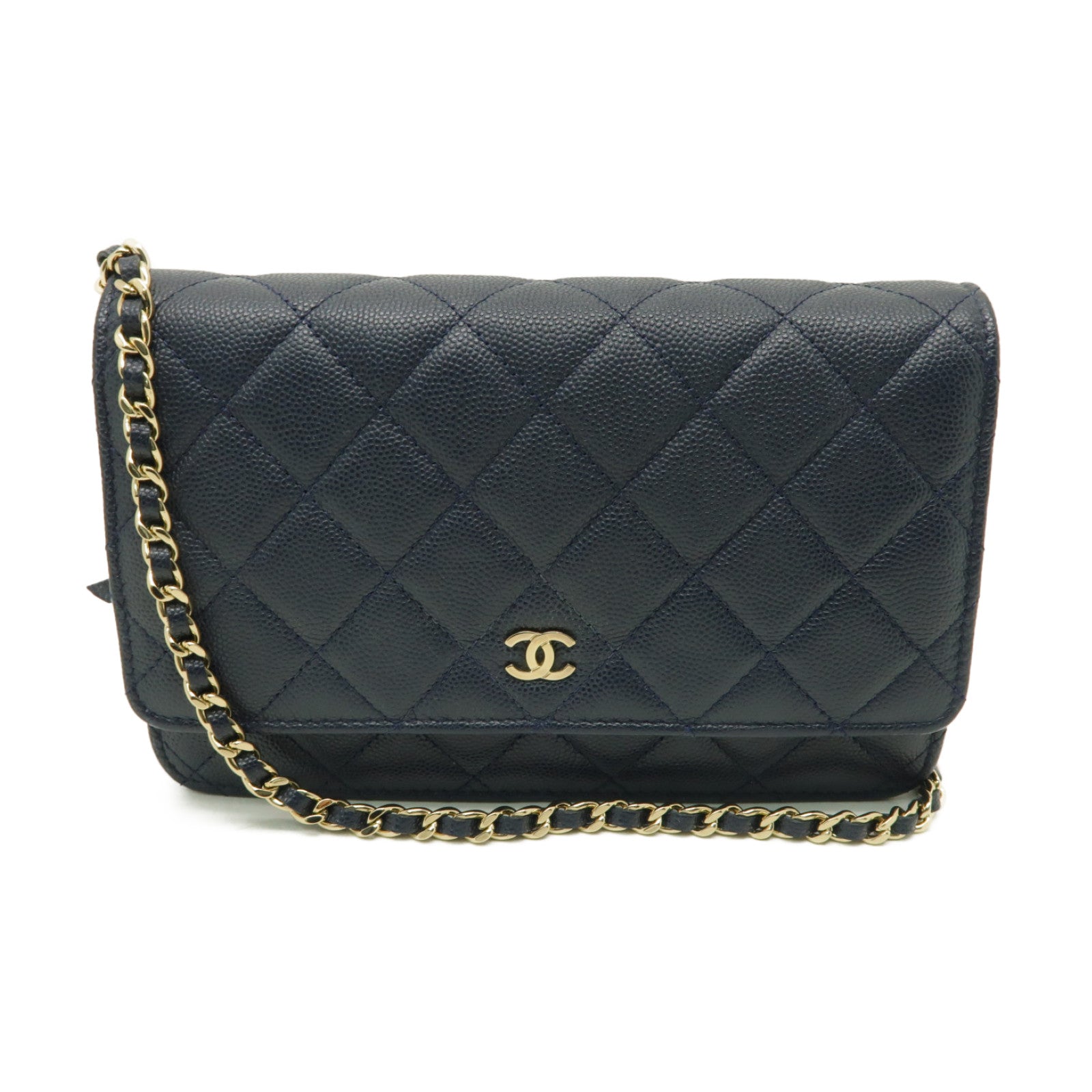 CHANEL 菱格Caviar皮革WOC Wallet On Chain金扣鏈帶肩背袋深藍色