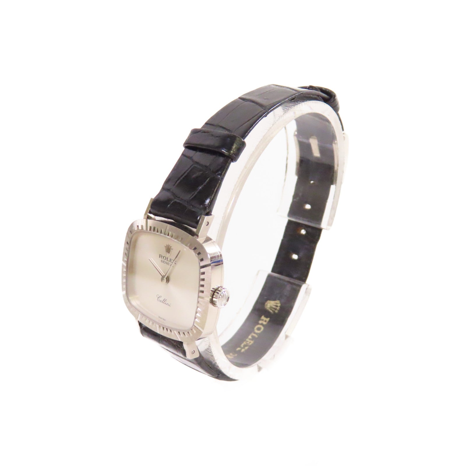 ROLEX Cellini Watch 18K白金/鱷魚皮帶石英機芯銀色/黑色