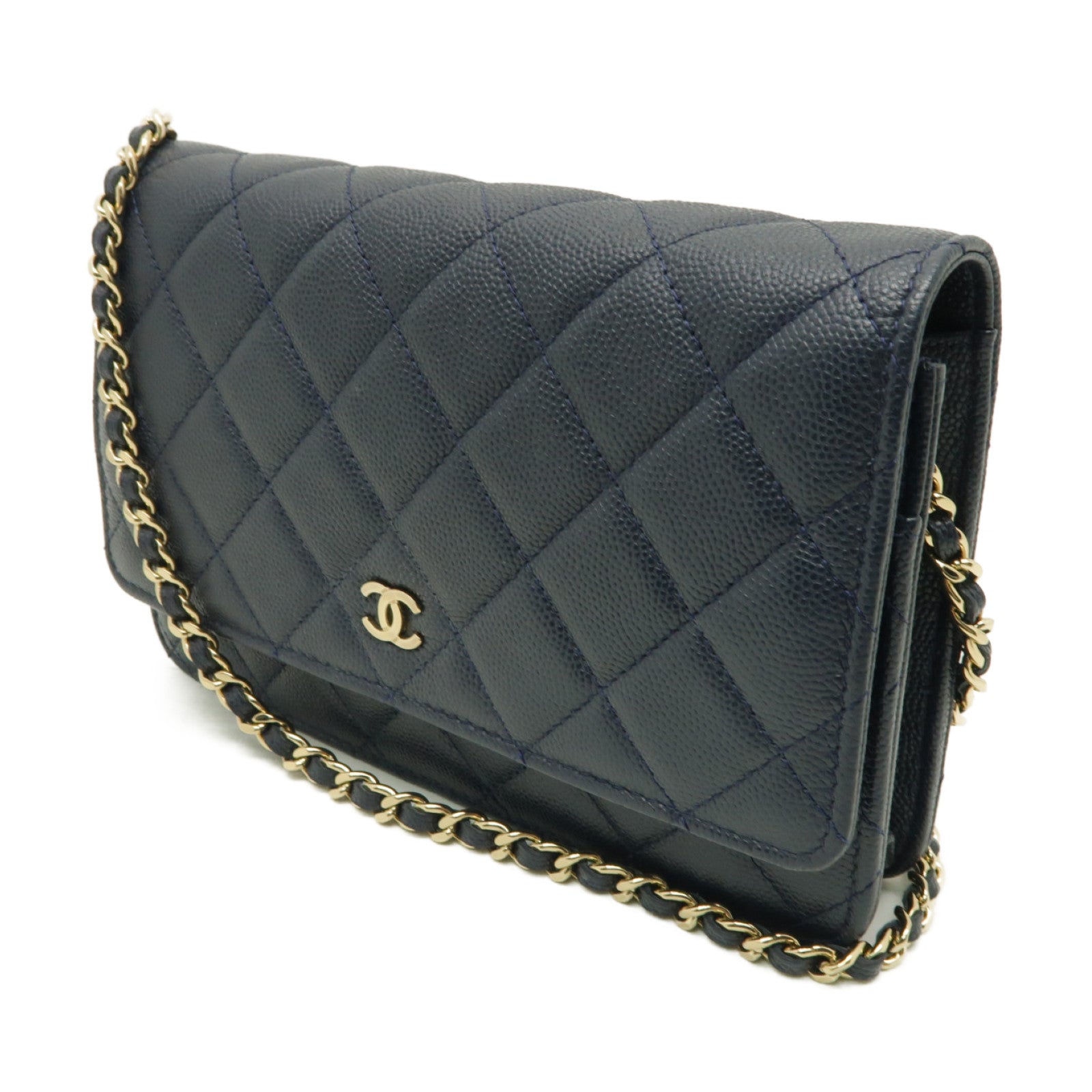 CHANEL 菱格Caviar皮革WOC Wallet On Chain金扣鏈帶肩背袋深藍色