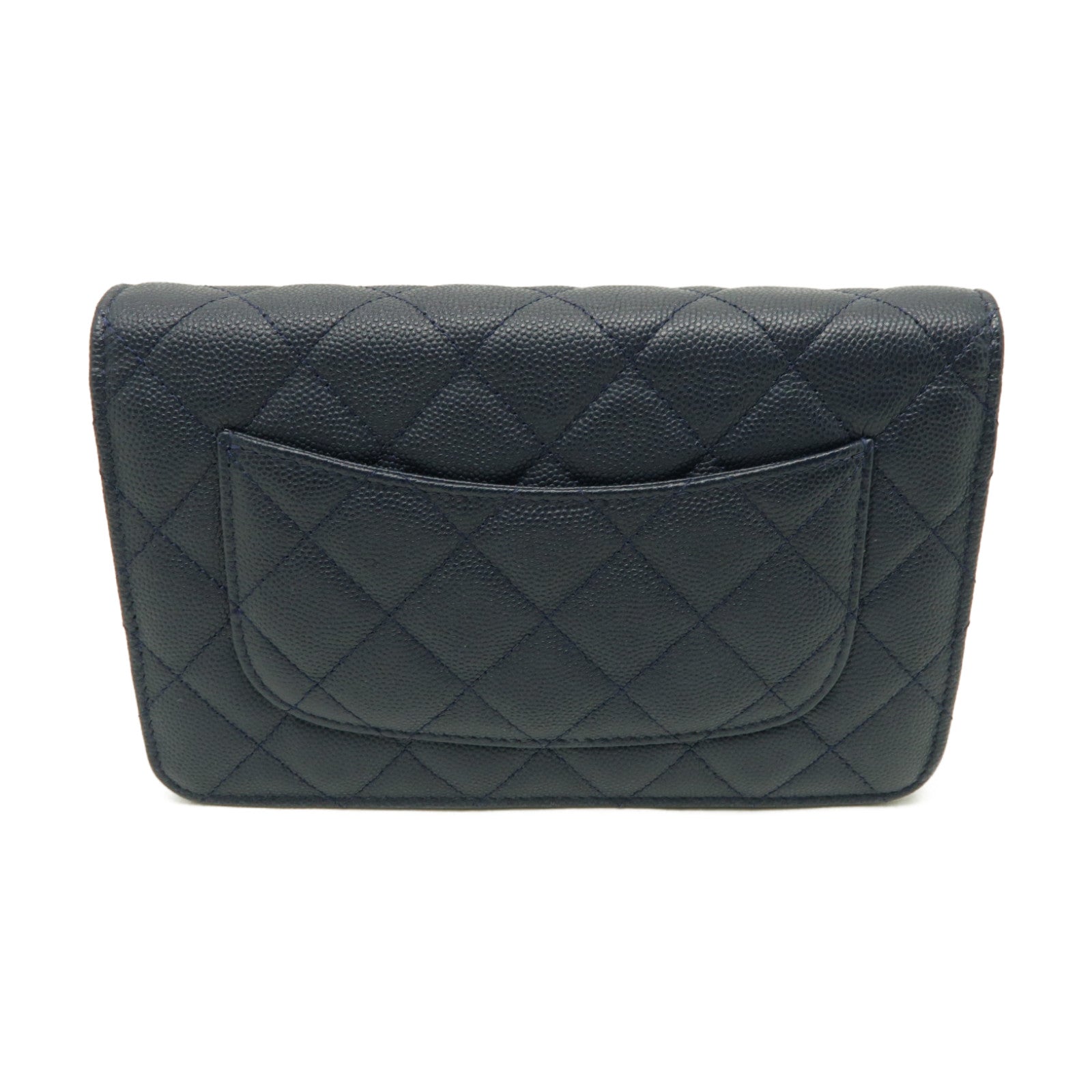CHANEL 菱格Caviar皮革WOC Wallet On Chain金扣鏈帶肩背袋深藍色