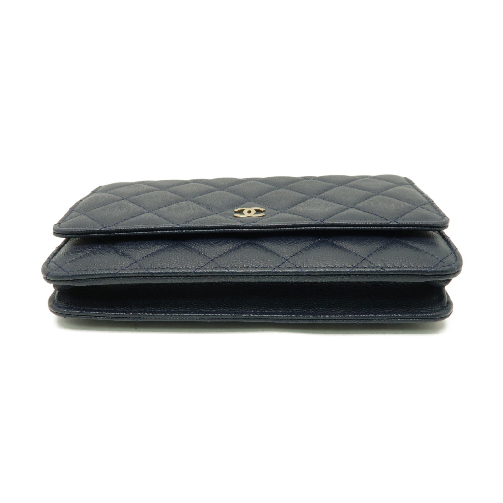 CHANEL 菱格Caviar皮革WOC Wallet On Chain金扣鏈帶肩背袋深藍色