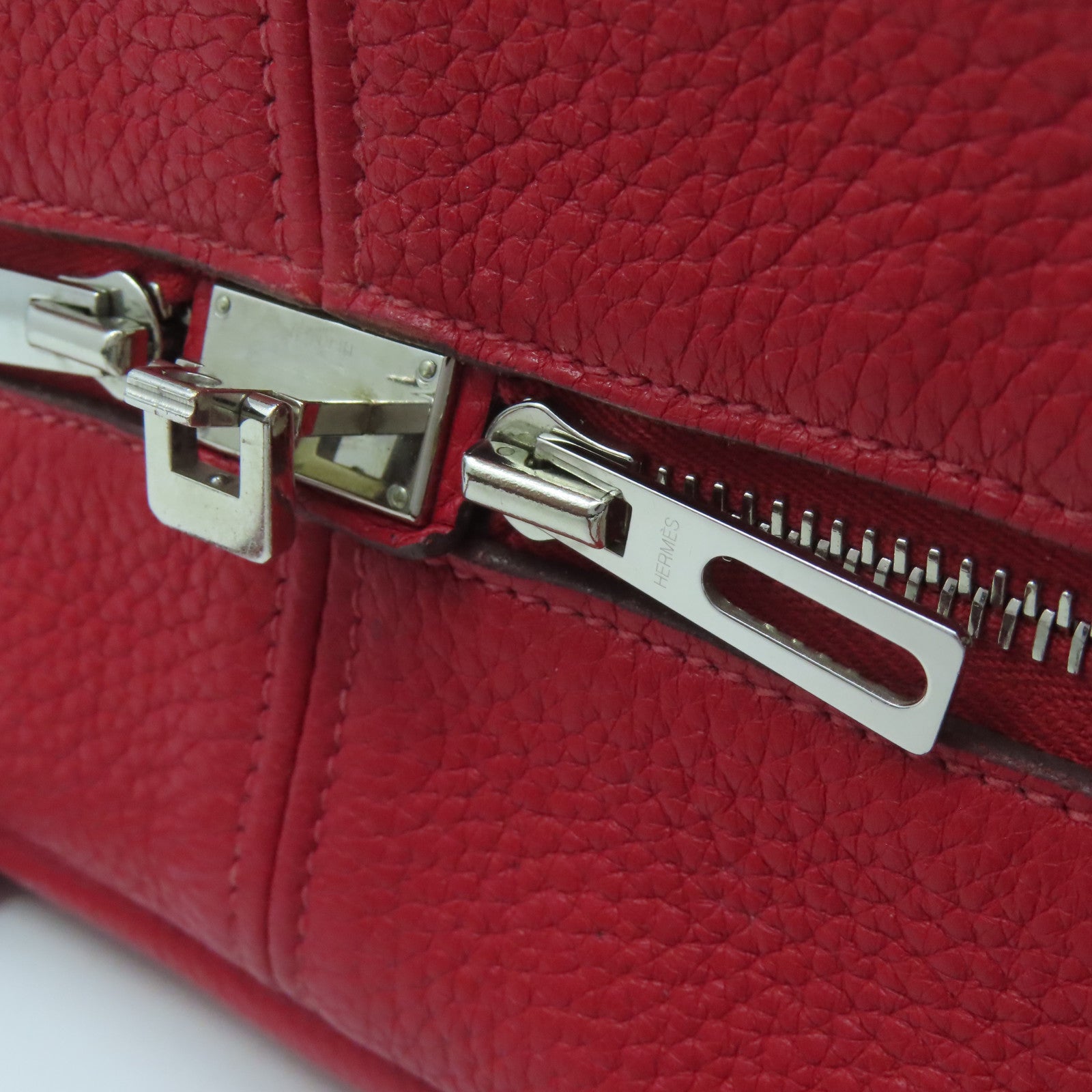 HERMES Clemence Leather Victoria Silver Buckle Bag Red