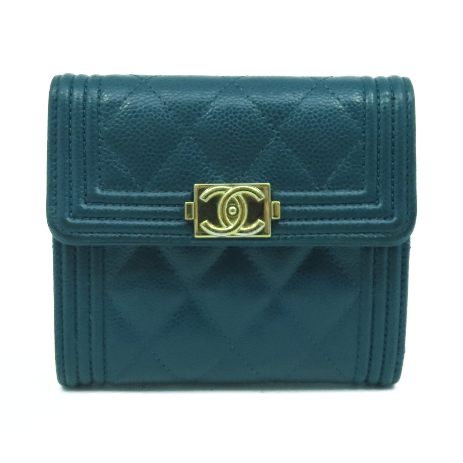 CHANEL 菱格Caviar皮革Chanel Boy Wallet金扣錢包綠色