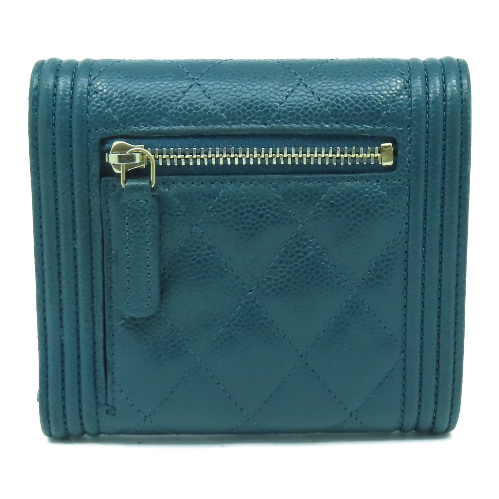 CHANEL 菱格Caviar皮革Chanel Boy Wallet金扣錢包綠色