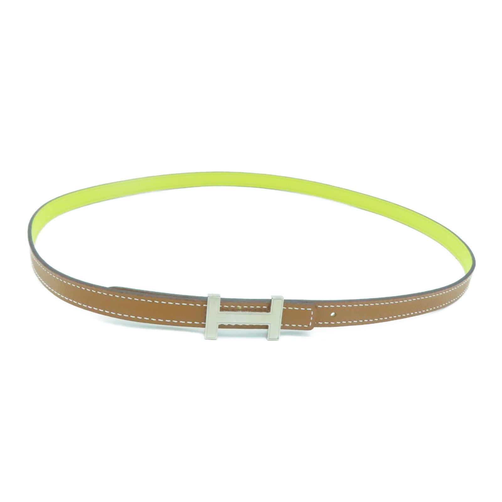 HERMES [Sharp Discount] Epsom Leather 85cm Silver Buckle Belt Silver Buckle Brown Yellow